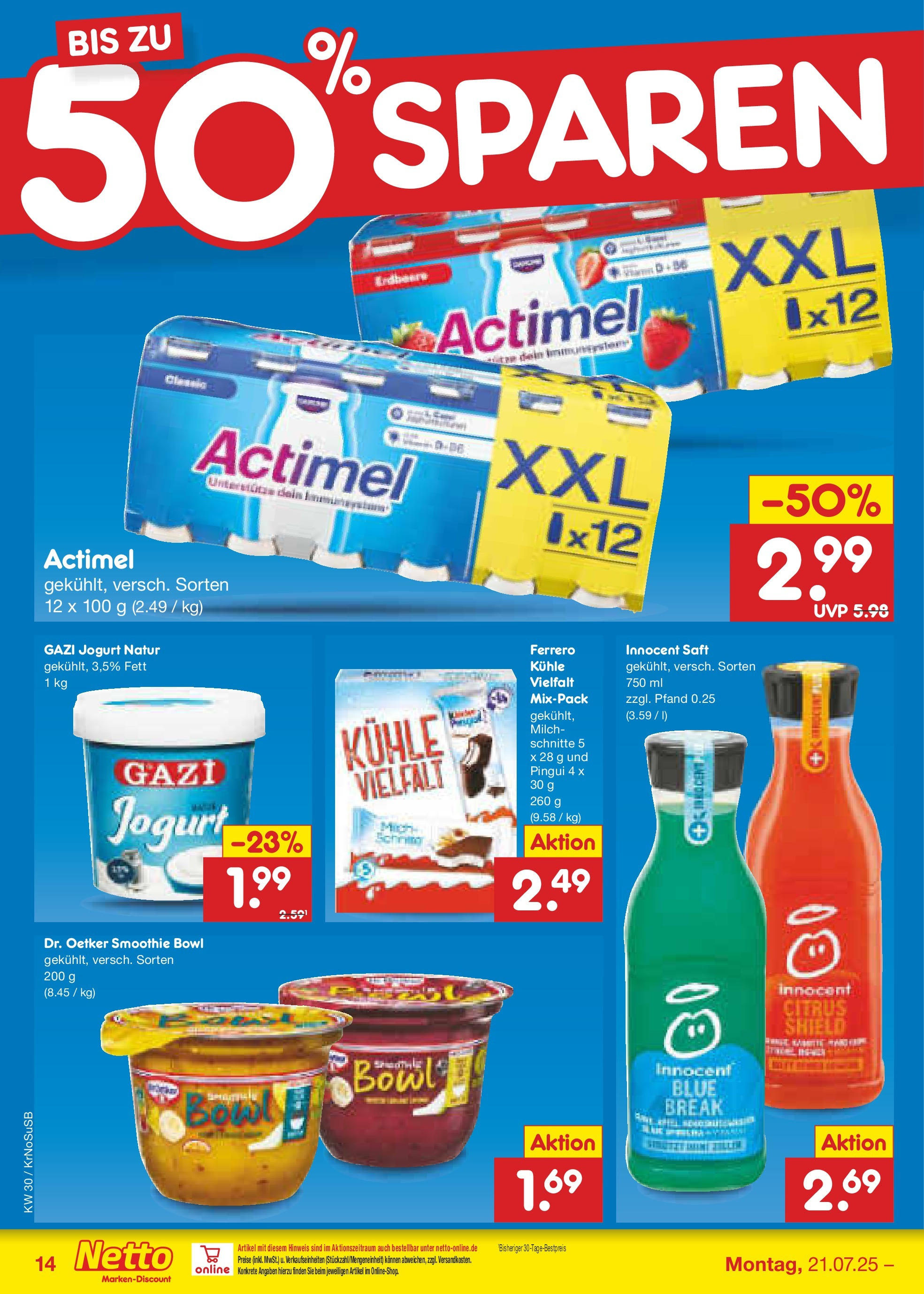 Netto Marken-Discount prospekt Duisburg	 (ab 21.07.2025) » Angebote | Seite: 18 | Produkte: Actimel, Milch, Saft