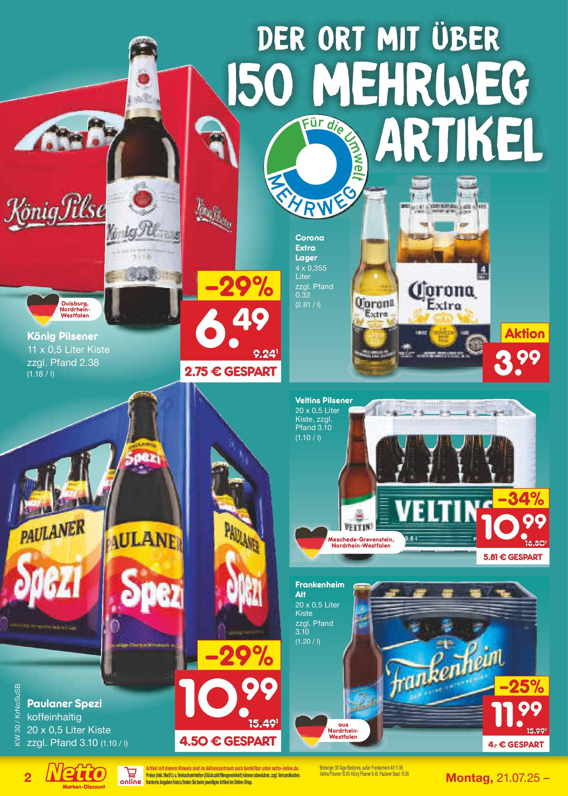 Netto Marken-Discount prospekt Duisburg	 (ab 21.07.2025) » Angebote | Seite: 32 | Produkte: Konig pilsener, Paulaner spezi, Paulaner, Veltins