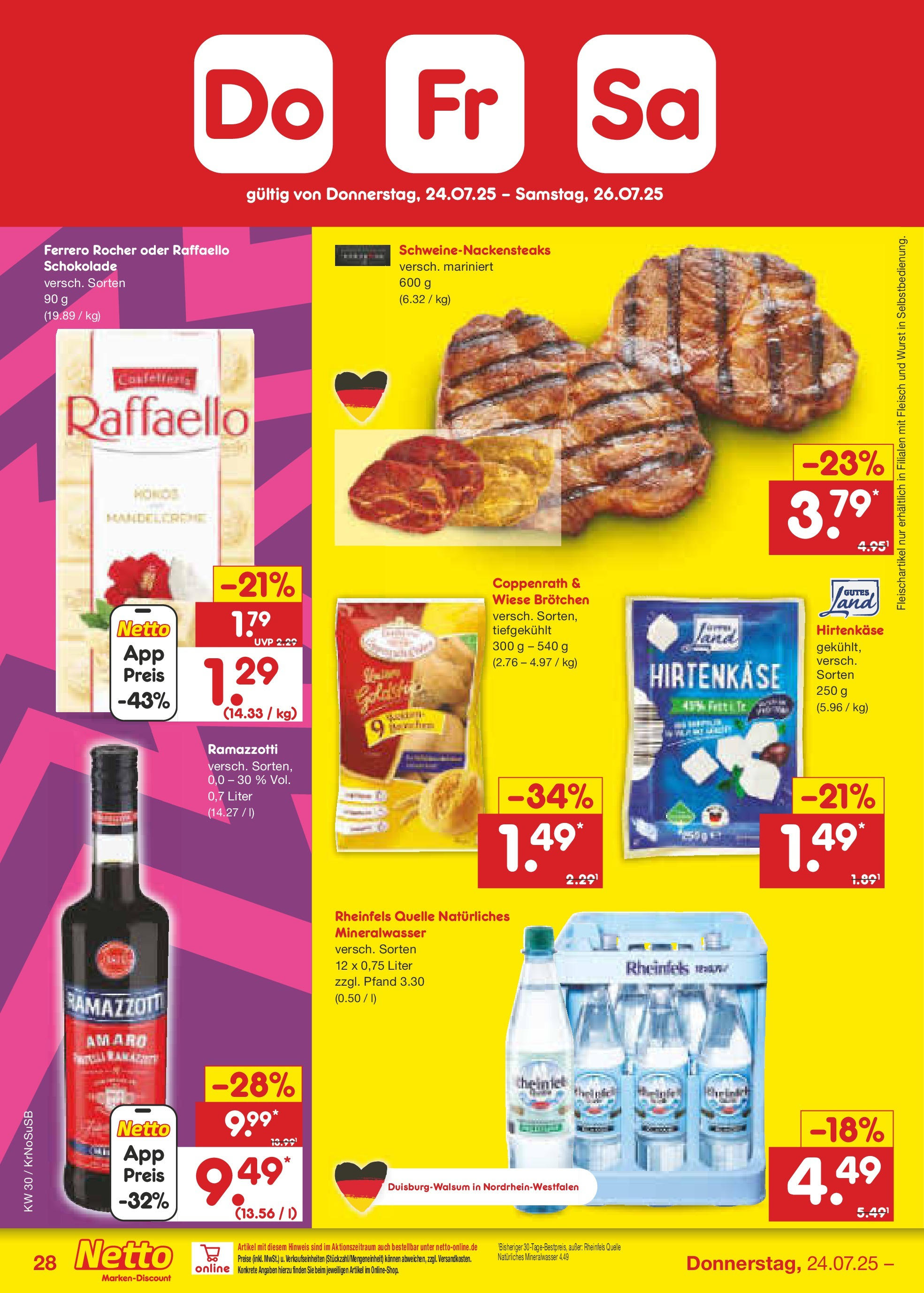 Netto Marken-Discount prospekt Duisburg	 (ab 21.07.2025) » Angebote | Seite: 46 | Produkte: Raffaello, Ferrero rocher, Fleisch, Rheinfels quelle