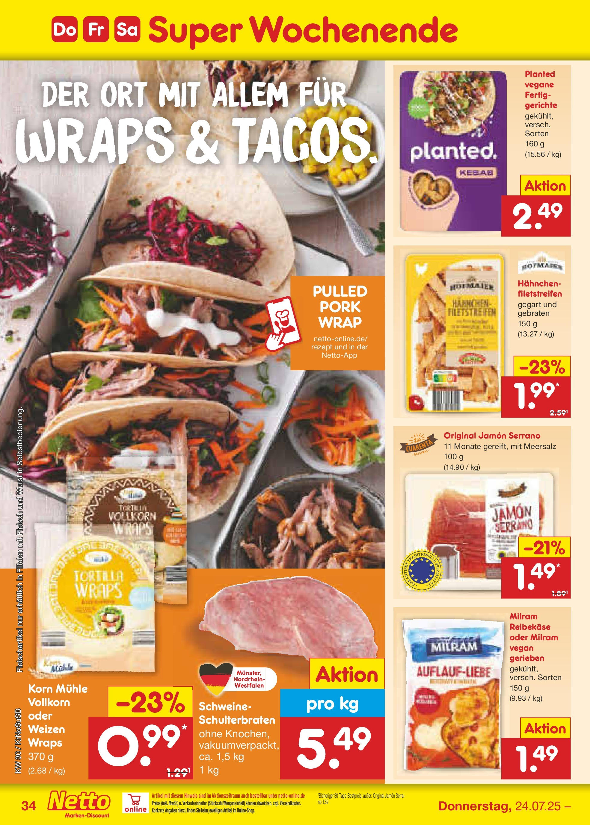 Netto Marken-Discount prospekt Duisburg	 (ab 21.07.2025) » Angebote | Seite: 52 | Produkte: Mühle, Milram, Reibekase, Fleisch