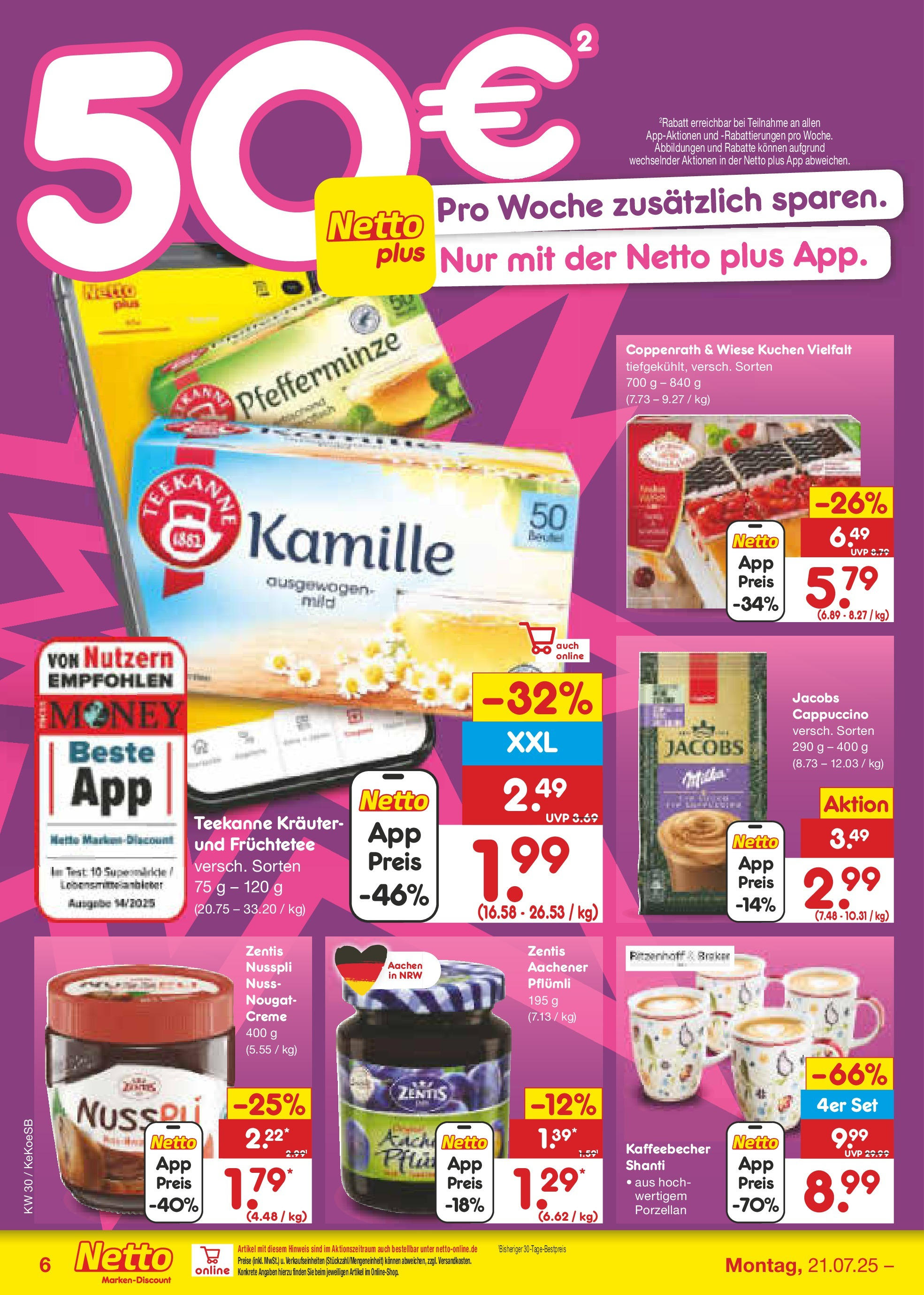 Netto Marken-Discount prospekt Köln	 (ab 21.07.2025) » Angebote | Seite: 6 | Produkte: Creme, Teekanne, Kuchen