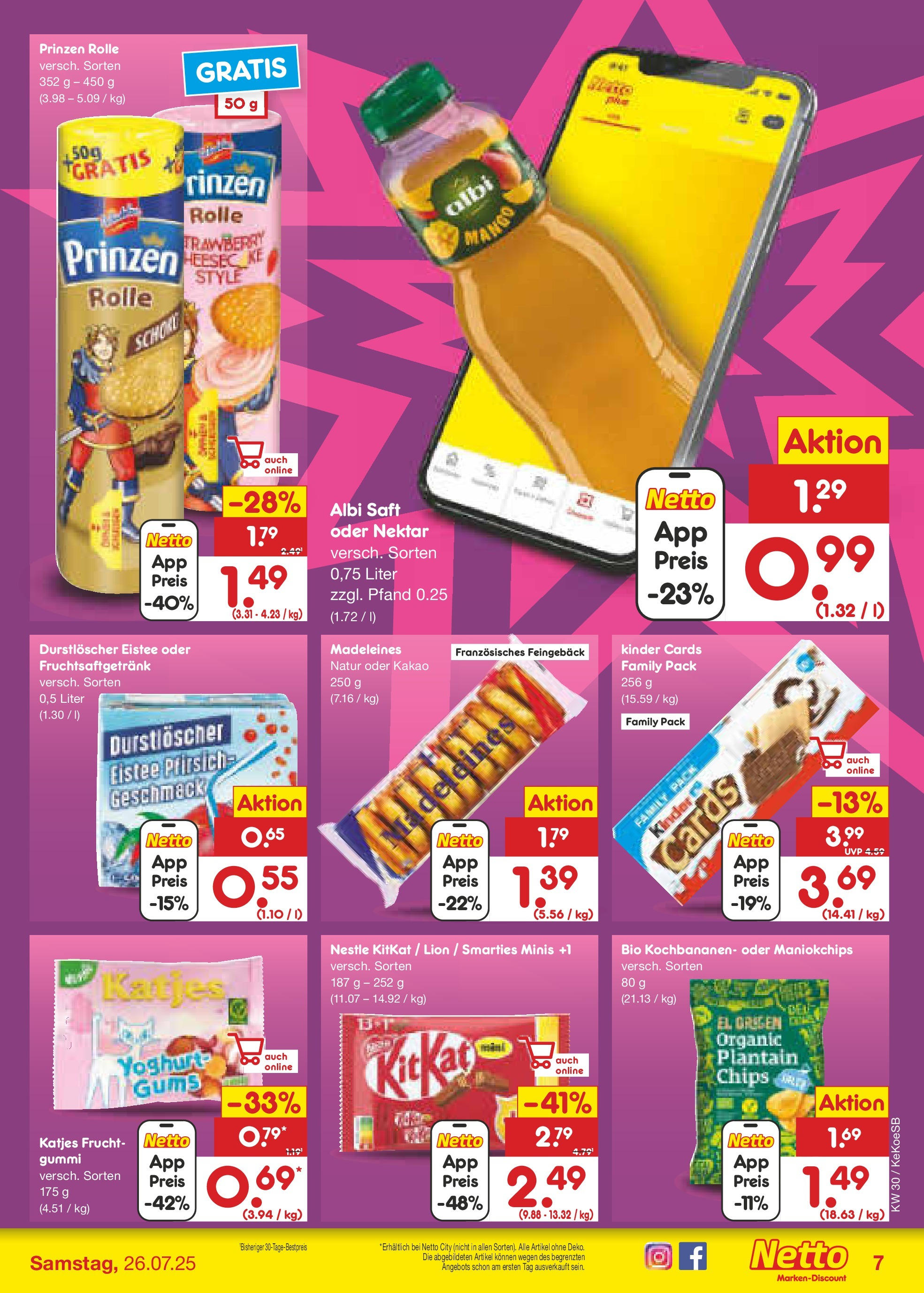 Netto Marken-Discount prospekt Köln	 (ab 21.07.2025) » Angebote | Seite: 7 | Produkte: Durstloscher, Pfirsich, Saft, Chips