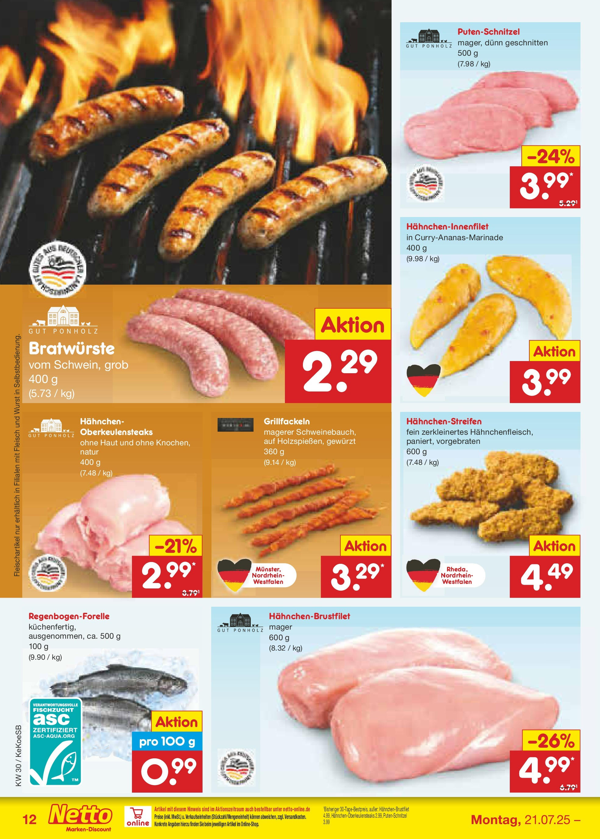 Netto Marken-Discount prospekt Köln	 (ab 21.07.2025) » Angebote | Seite: 16 | Produkte: Hahnchen, Putenschnitzel, Wurst, Fleisch