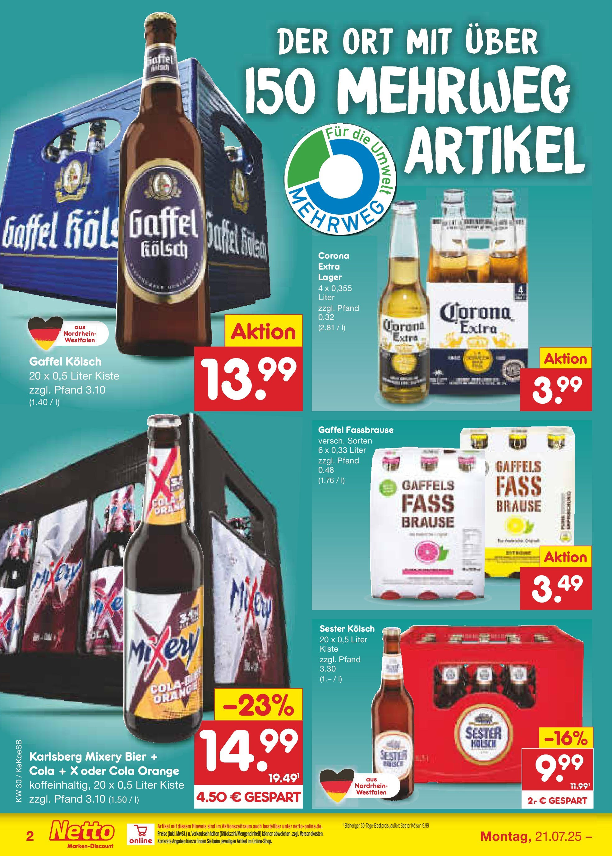 Netto Marken-Discount prospekt Köln	 (ab 21.07.2025) » Angebote | Seite: 32 | Produkte: Cola, Bier, Mixery, Fassbrause