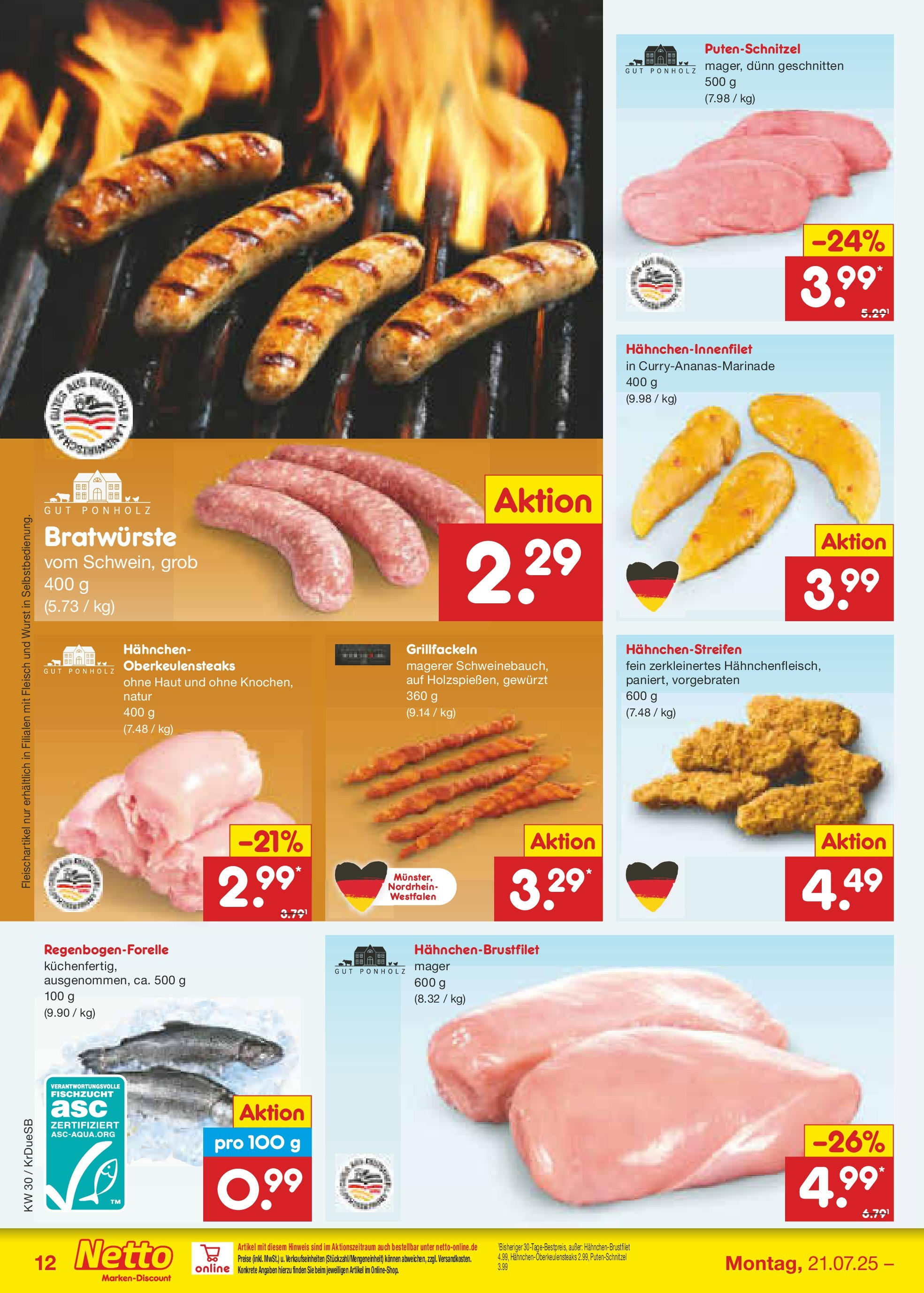 Netto Marken-Discount prospekt Düsseldorf-Rath	 (ab 21.07.2025) » Angebote | Seite: 16 | Produkte: Hahnchen, Putenschnitzel, Wurst, Fleisch
