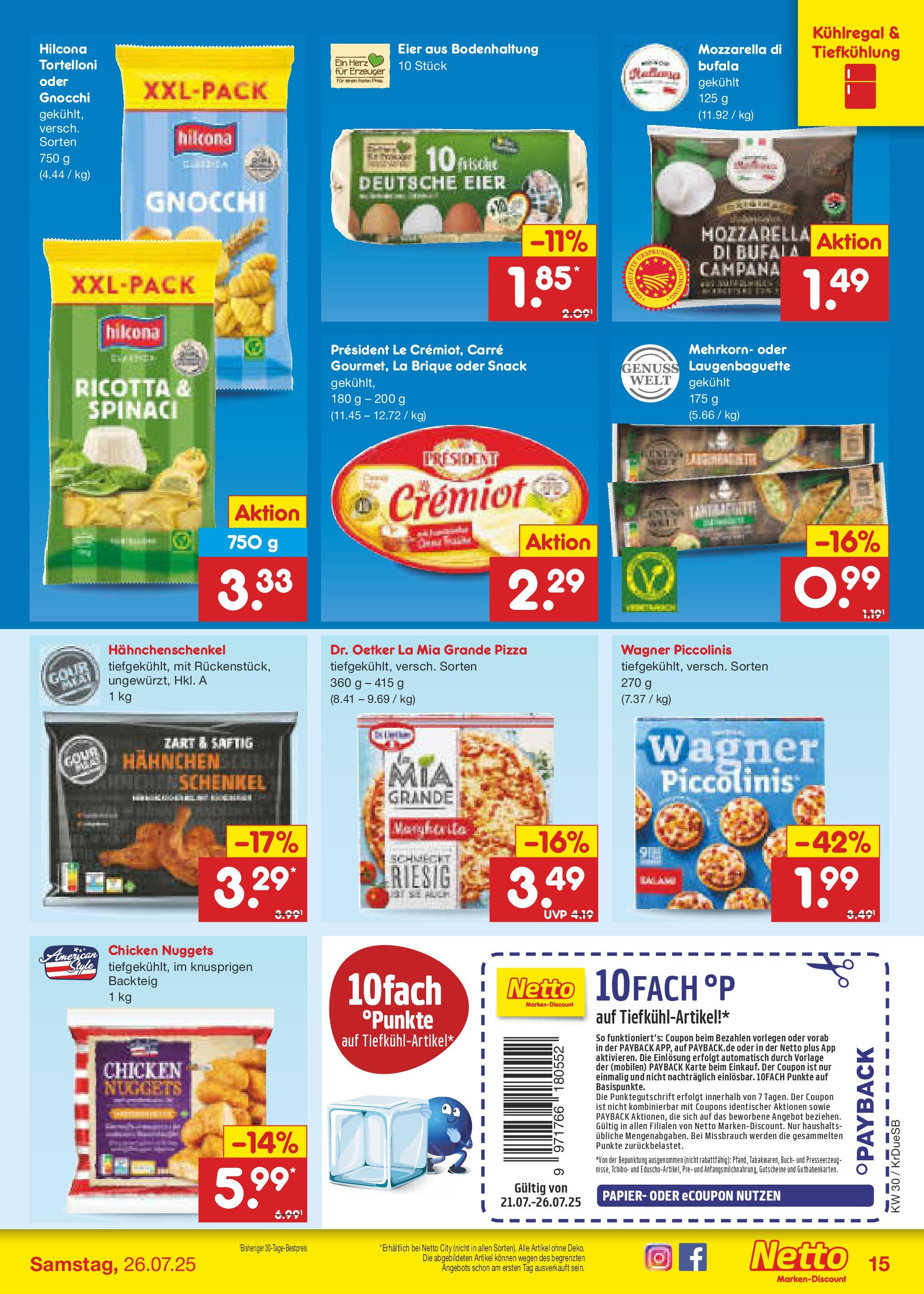 Netto Marken-Discount prospekt Düsseldorf-Rath	 (ab 21.07.2025) » Angebote | Seite: 19 | Produkte: Hahnchenschenkel, Eier, Mozzarella, Pizza