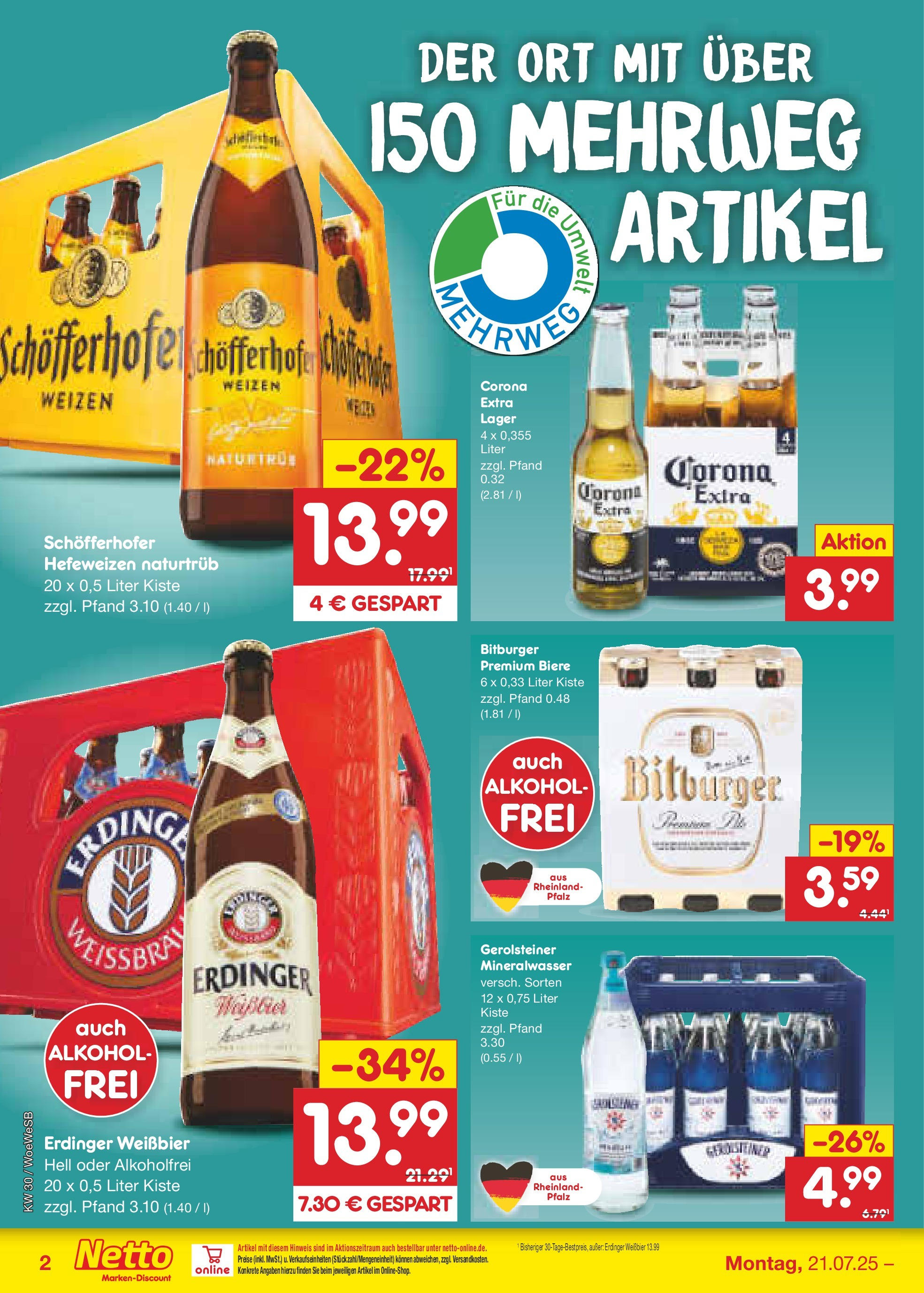Netto Marken-Discount prospekt Katzweiler (ab 21.07.2025) » Angebote | Seite: 32 | Produkte: Erdinger, Weißbier, Mineralwasser, Gerolsteiner Netto Marken-Discount prospekt Katzweiler (ab 21.07.2025) » Angebote | Seite: 32 | Produkte: Erdinger, Weißbier, Mineralwasser, Gerolsteiner