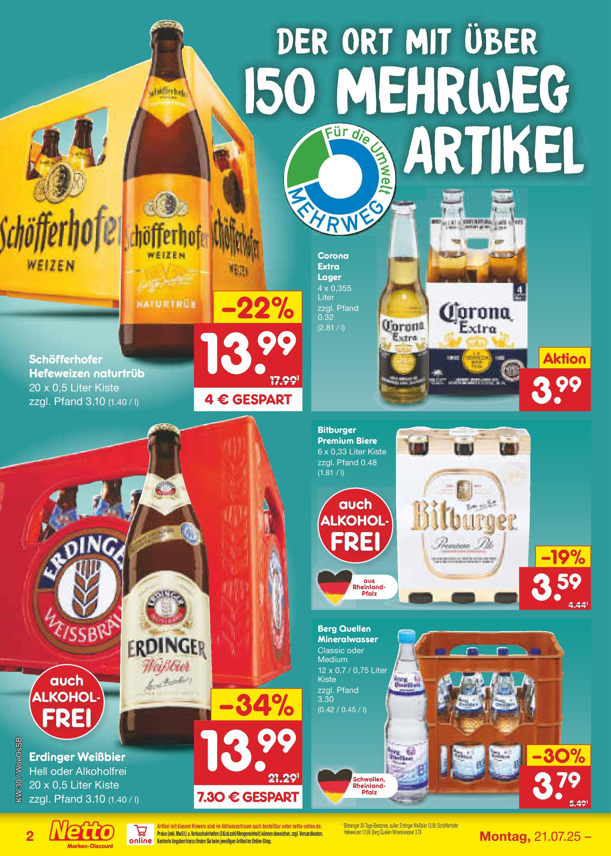 Netto Marken-Discount prospekt Gemmingen (ab 21.07.2025) » Angebote | Seite: 32 | Produkte: Bitburger, Erdinger, Weißbier, Mineralwasser Netto Marken-Discount prospekt Gemmingen (ab 21.07.2025) » Angebote | Seite: 32 | Produkte: Bitburger, Erdinger, Weißbier, Mineralwasser