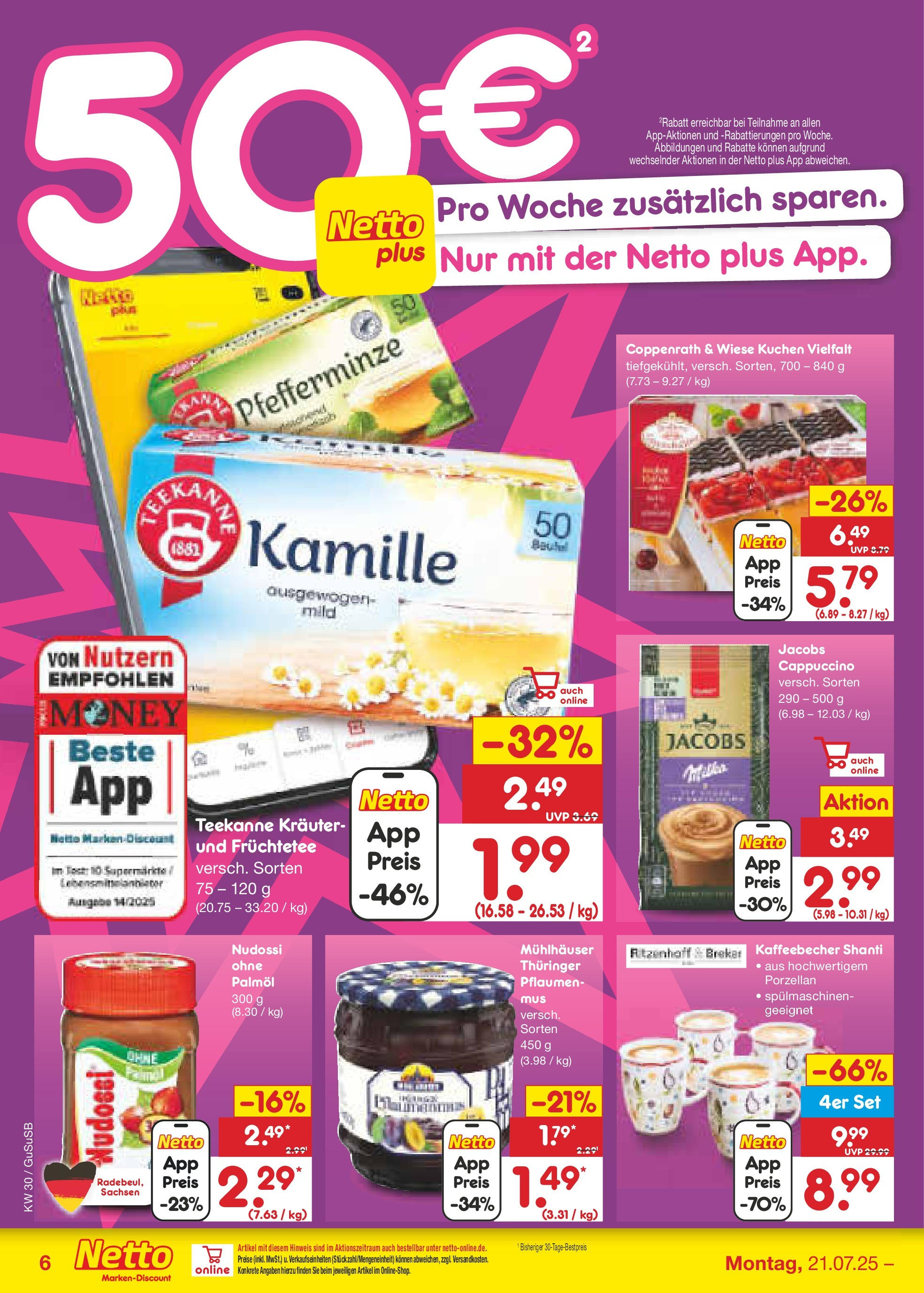 Netto Marken-Discount prospekt Rodewisch	 (ab 21.07.2025) » Angebote | Seite: 6 | Produkte: Pflaumen, Teekanne, Kuchen