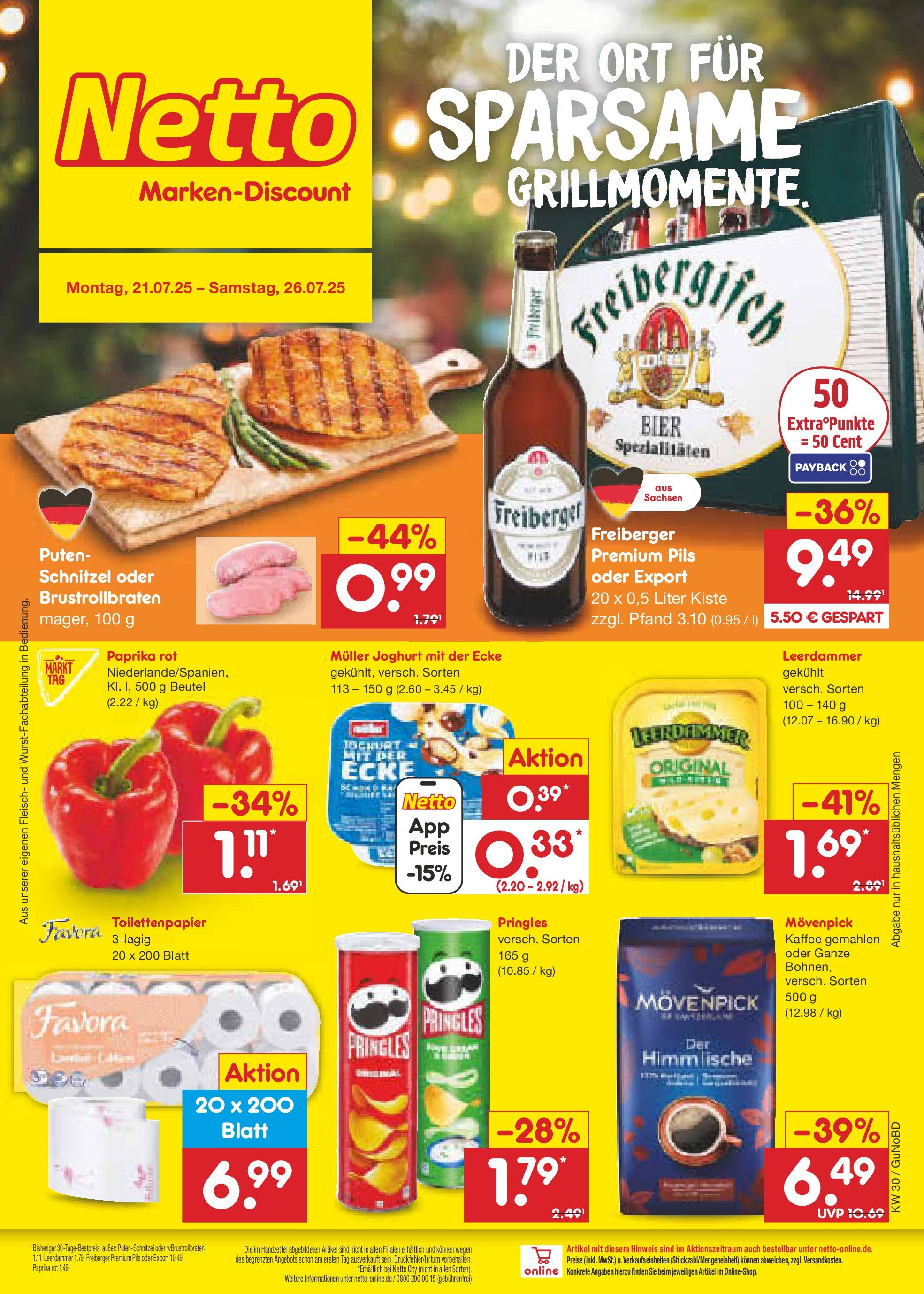 Netto Marken-Discount prospekt Augustusburg (ab 21.07.2025) » Angebote | Seite: 1 | Produkte: Joghurt, Bier, Paprika rot, Putenschnitzel Netto Marken-Discount prospekt Augustusburg (ab 21.07.2025) » Angebote | Seite: 1 | Produkte: Joghurt, Bier, Paprika rot, Putenschnitzel