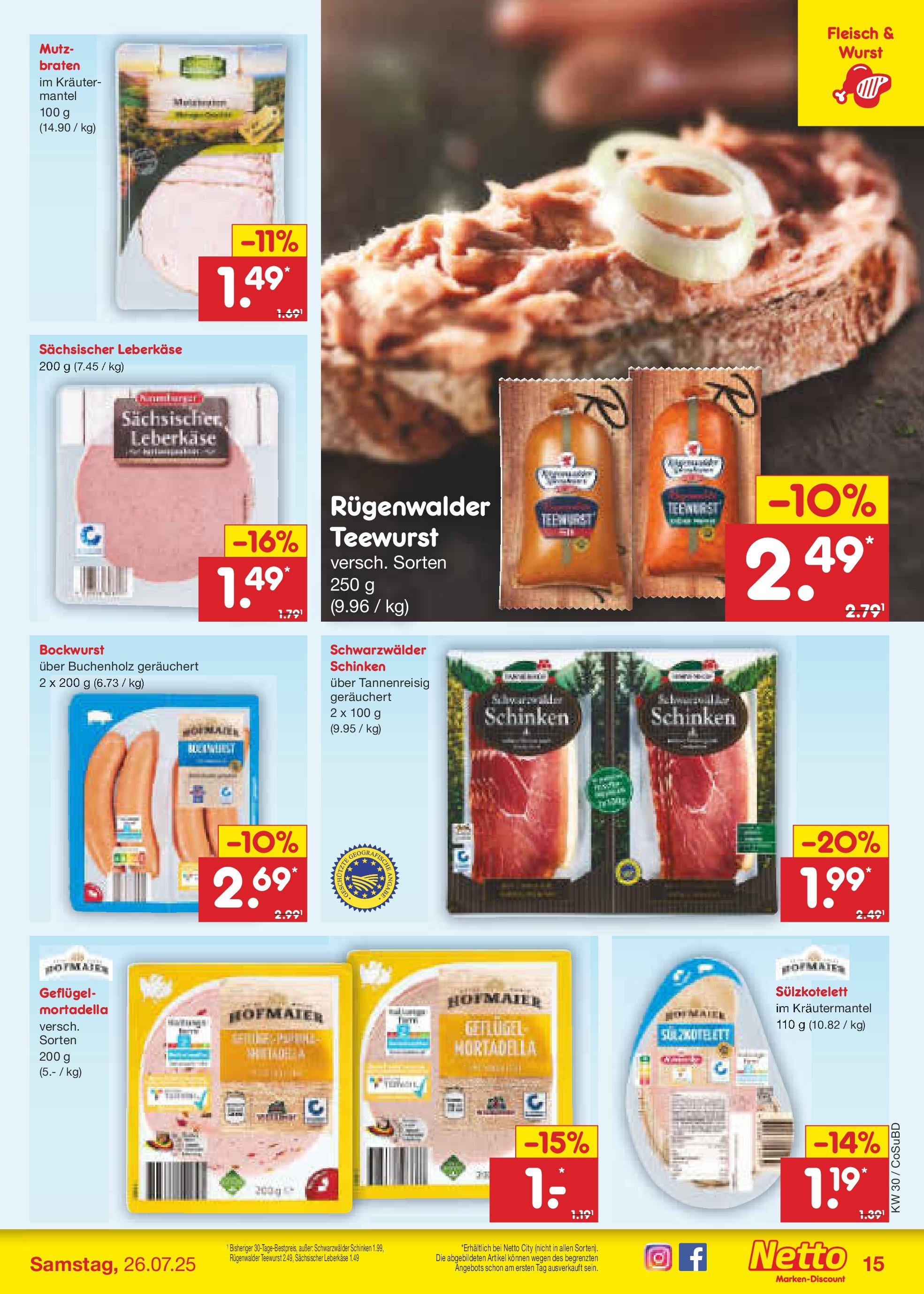 Netto Marken-Discount prospekt Delitzsch	 (ab 21.07.2025) » Angebote | Seite: 19 | Produkte: Bockwurst, Schinken, Fleisch, Leberkase
