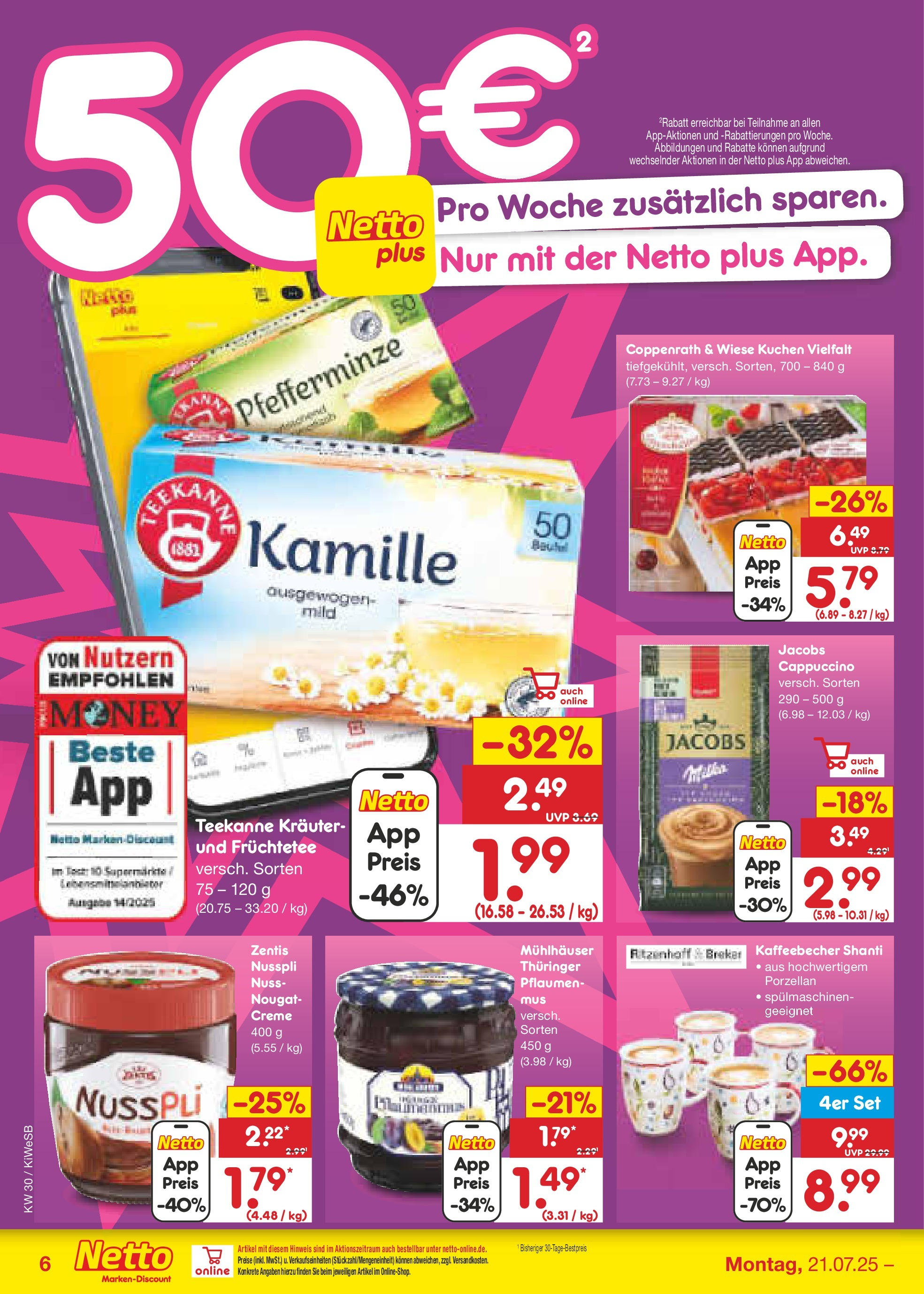 Netto Marken-Discount prospekt Bad Friedrichshall	 (ab 21.07.2025) » Angebote | Seite: 6 | Produkte: Pflaumen, Creme, Teekanne, Kuchen