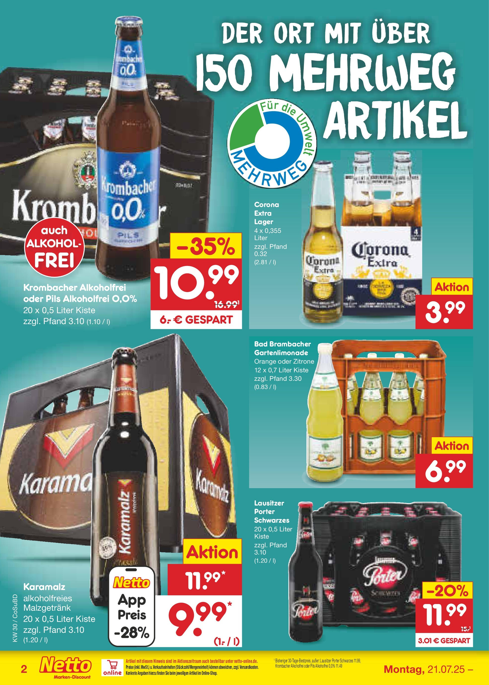Netto Marken-Discount prospekt Delitzsch	 (ab 21.07.2025) » Angebote | Seite: 32 | Produkte: Pils, Krombacher alkoholfrei, Zitrone, Krombacher