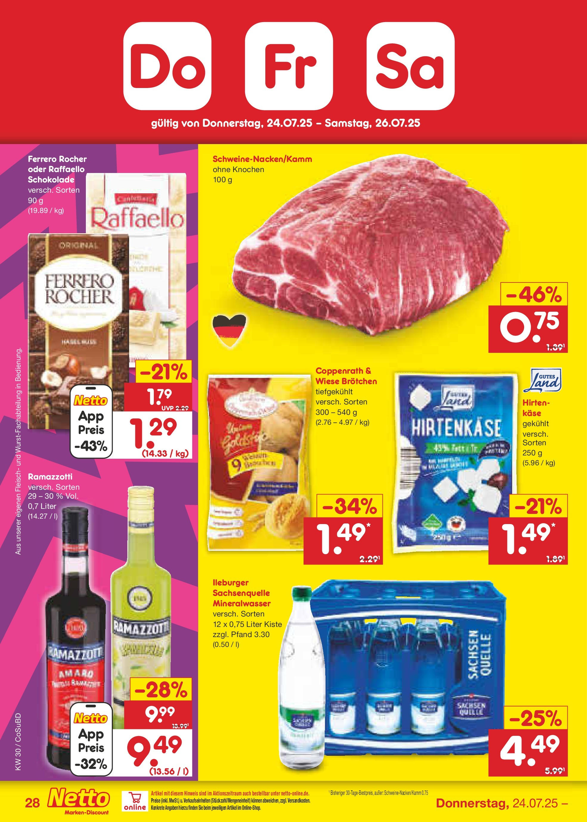 Netto Marken-Discount prospekt Delitzsch	 (ab 21.07.2025) » Angebote | Seite: 46 | Produkte: Schokolade, Mineralwasser, Fleisch, Ramazzotti