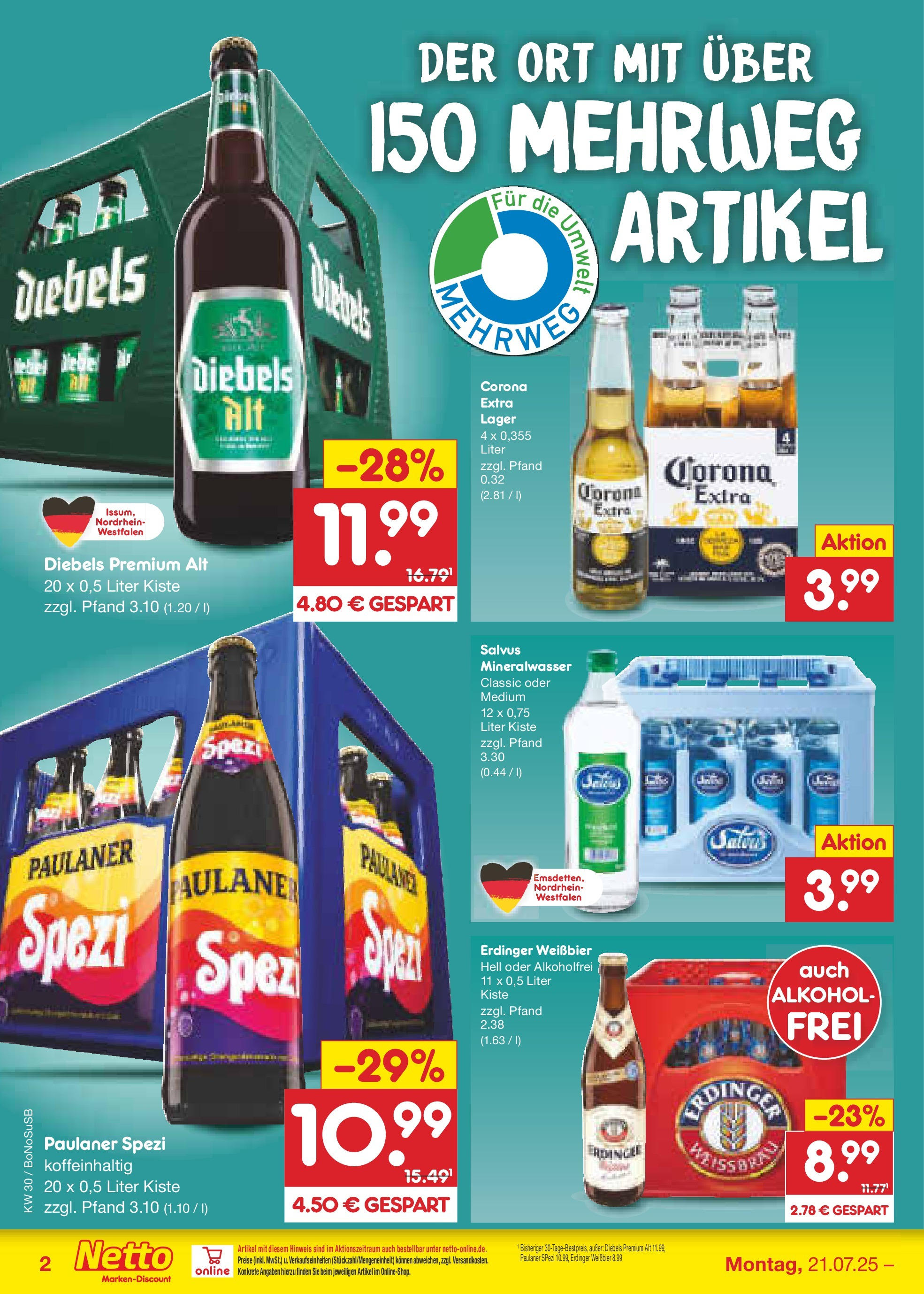 Netto Marken-Discount prospekt Stadtlohn (ab 21.07.2025) » Angebote | Seite: 32 | Produkte: Erdinger, Weißbier, Diebels, Paulaner Netto Marken-Discount prospekt Stadtlohn (ab 21.07.2025) » Angebote | Seite: 32 | Produkte: Erdinger, Weißbier, Diebels, Paulaner