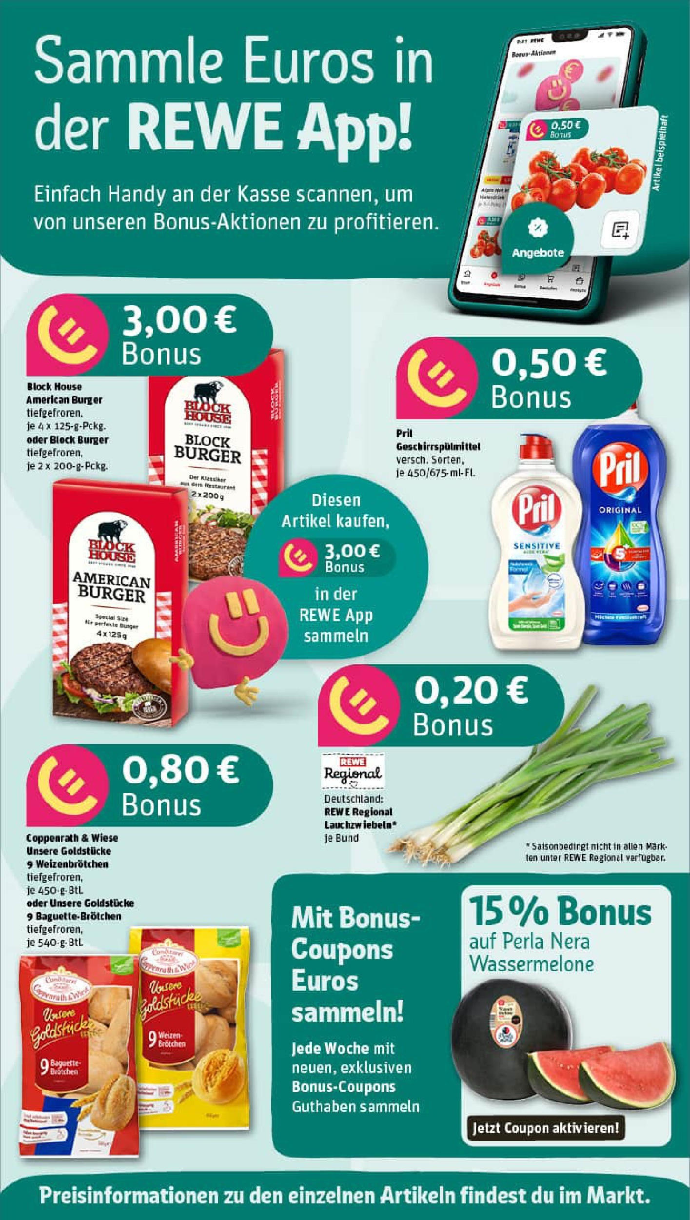 REWE Prospekt ab 20.07.2025 zum Blättern » Angebote | Seite: 2 | Produkte: Burger, Baguette, Geschirrspülmittel, Pril
