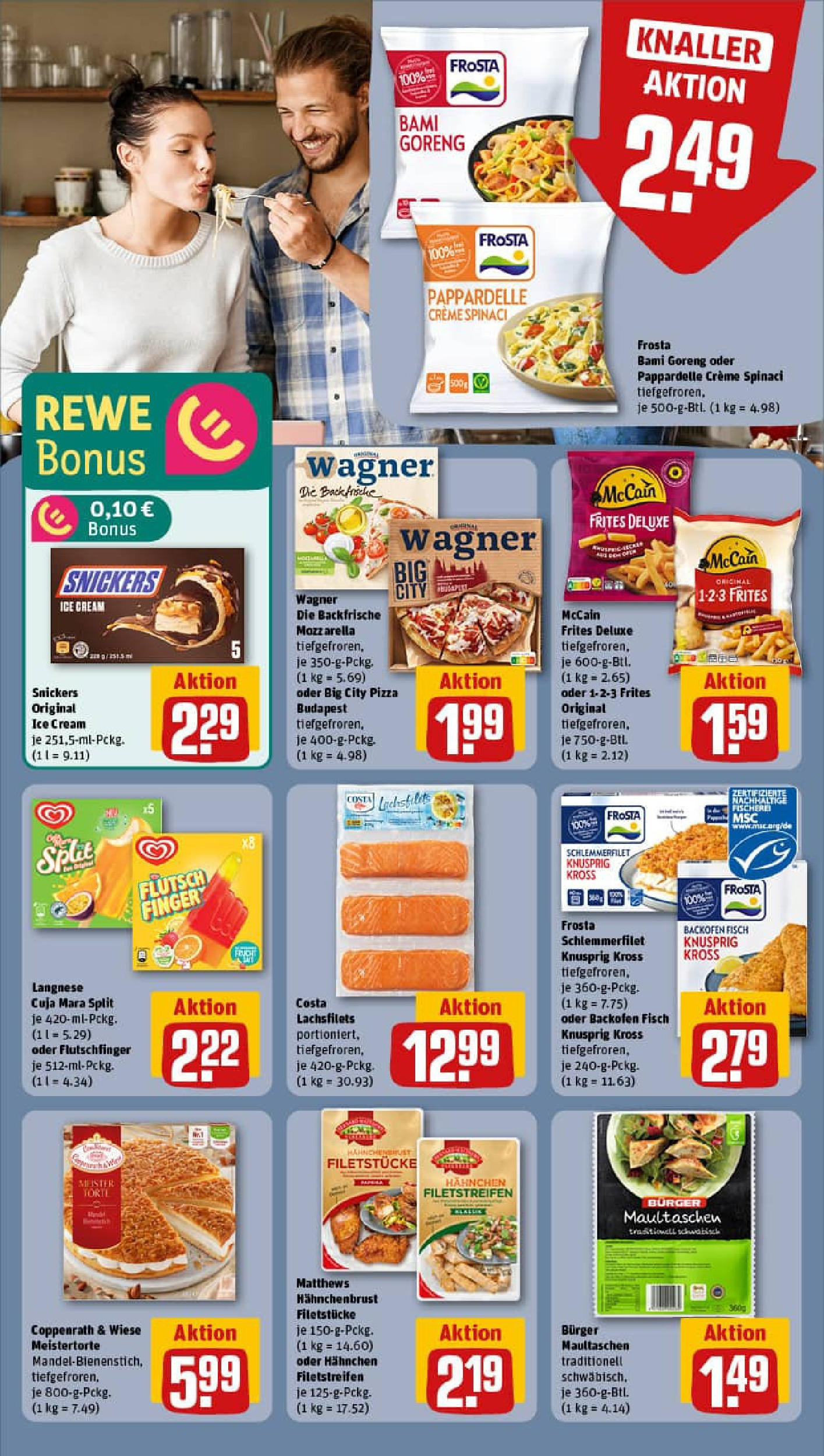 REWE Prospekt ab 20.07.2025 zum Blättern » Angebote | Seite: 14 | Produkte: Hahnchen, McCain, Snickers, Maultaschen