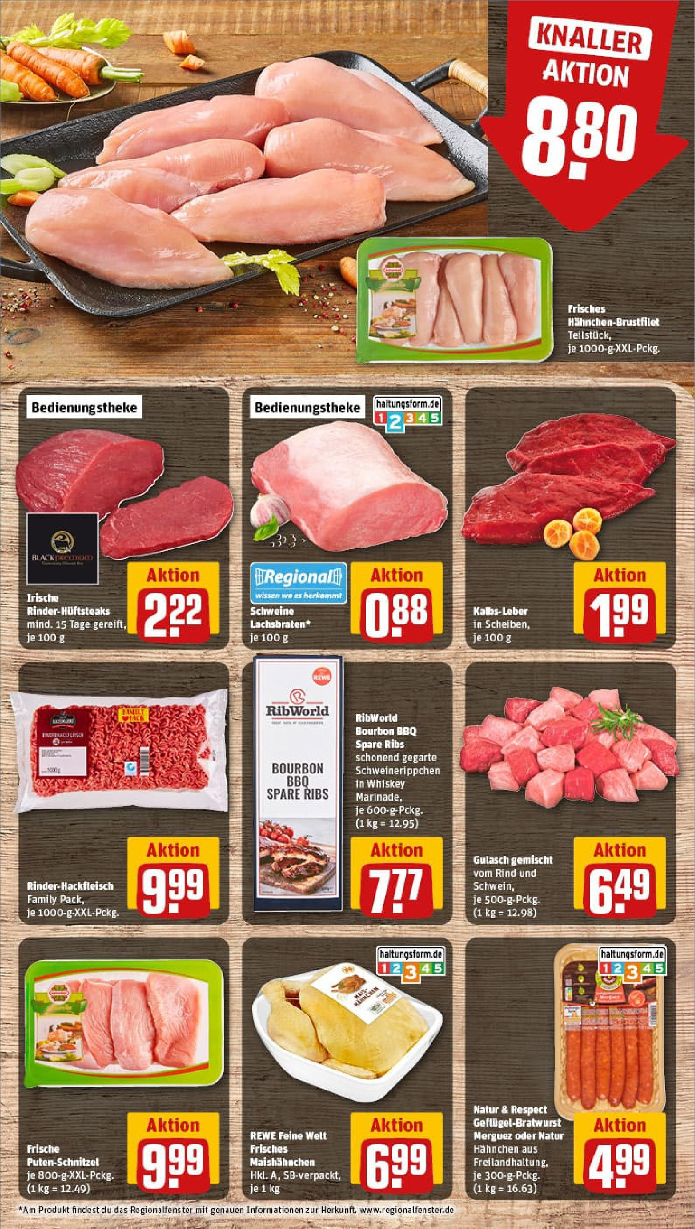 REWE Prospekt ab 20.07.2025 zum Blättern » Angebote | Seite: 8 | Produkte: Hahnchen, Spare ribs, Putenschnitzel, Whiskey