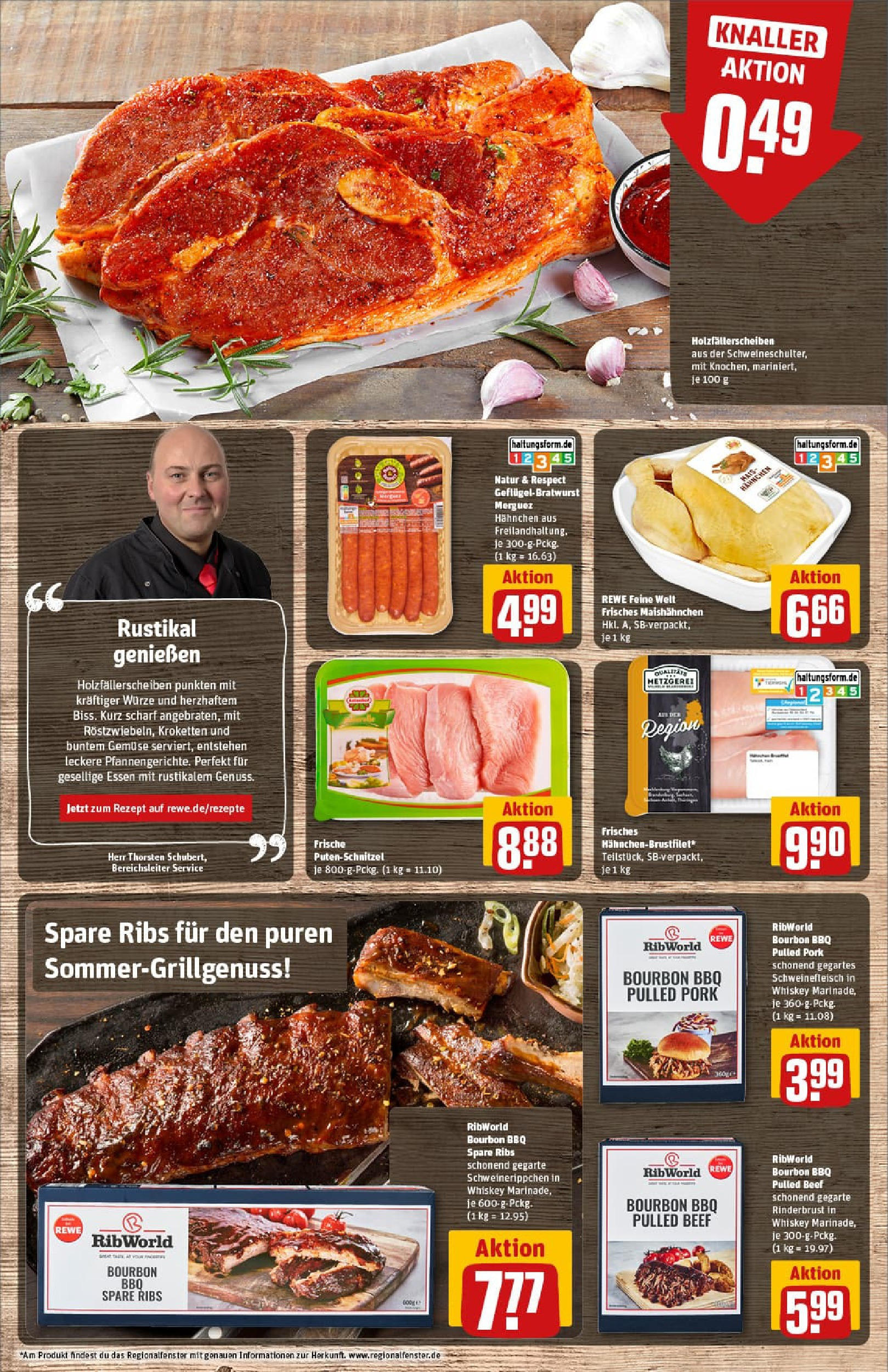 REWE Prospekt ab 20.07.2025 zum Blättern » Angebote | Seite: 8 | Produkte: Hahnchen, Spare ribs, Putenschnitzel, Bourbon
