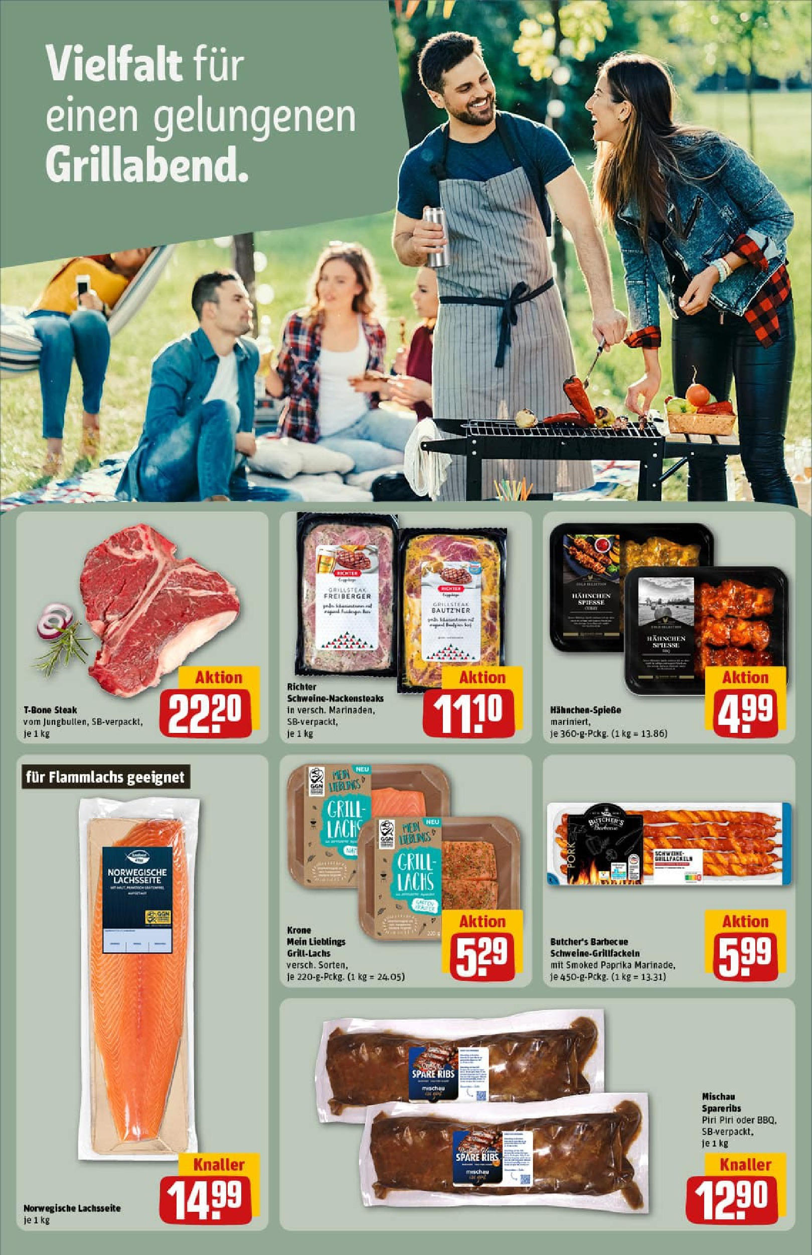 REWE Prospekt ab 20.07.2025 zum Blättern » Angebote | Seite: 14 | Produkte: Spieße, Lachs, Paprika, Steak
