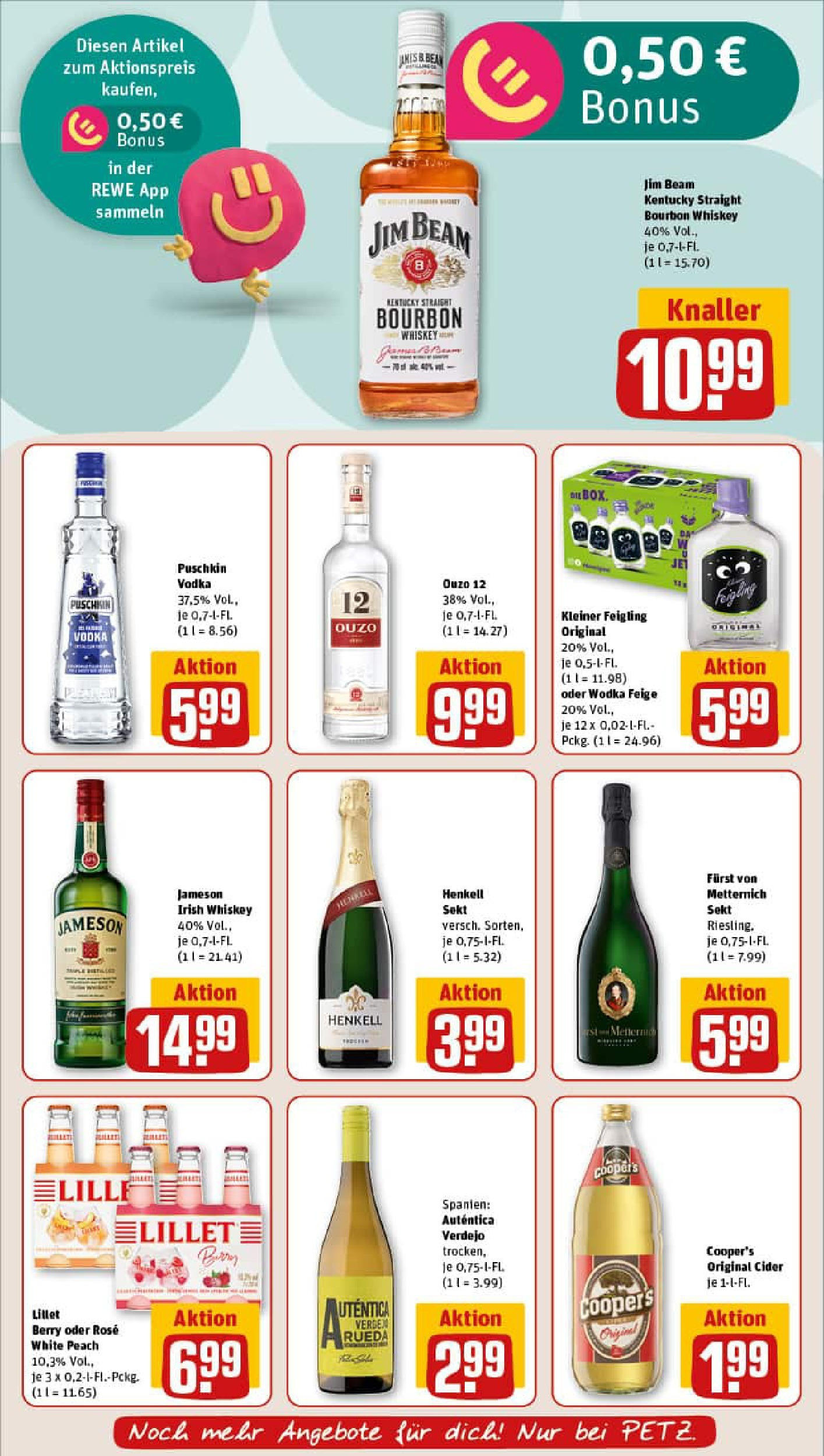 REWE Prospekt ab 20.07.2025 zum Blättern » Angebote | Seite: 21 | Produkte: Furst von metternich, Ouzo, Jameson, Wodka