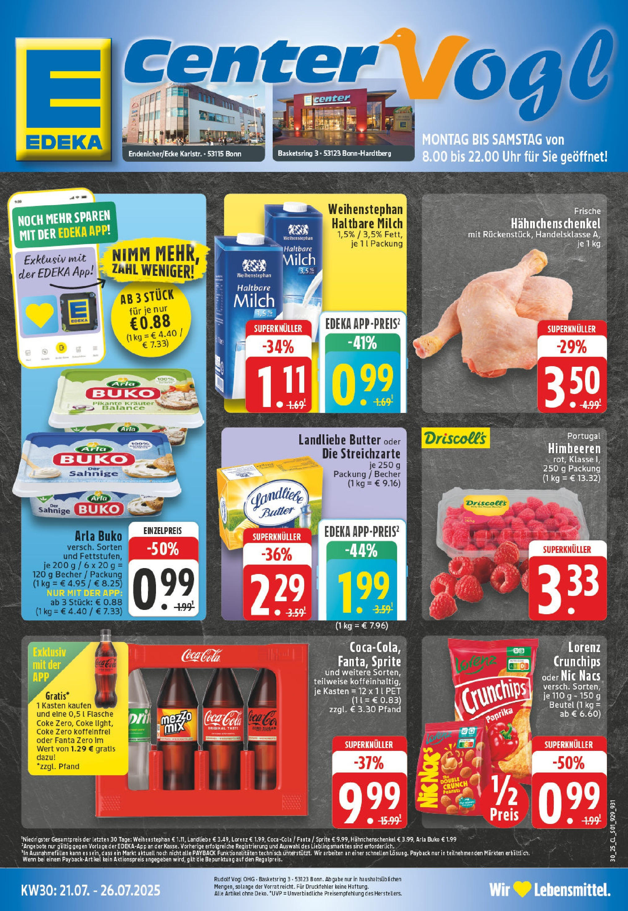 Edeka prospekt Bonn	 (ab 20.07.2025) » Angebote Online | Seite: 1 | Produkte: Himbeeren, Cola, Hahnchenschenkel, Landliebe butter