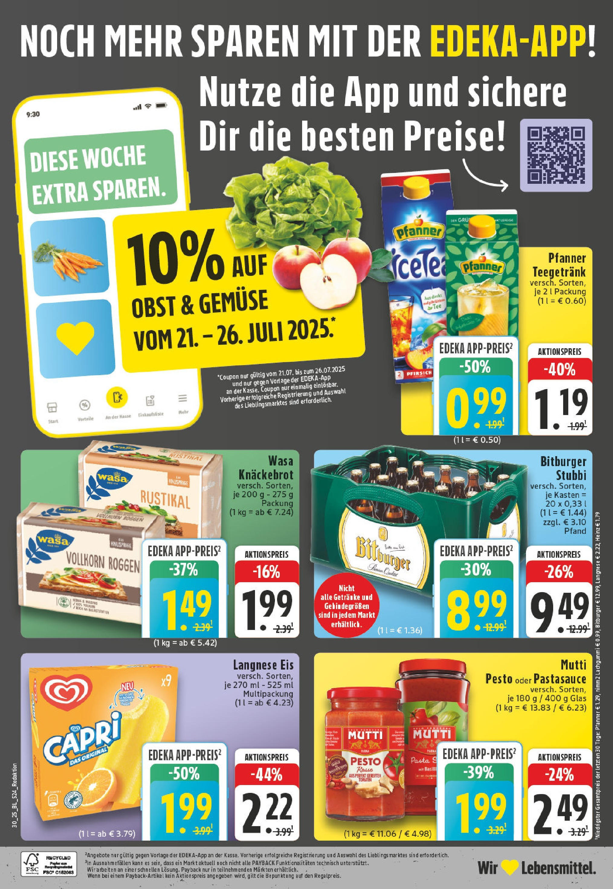 Edeka prospekt Bonn	 (ab 20.07.2025) » Angebote Online | Seite: 24 | Produkte: Bitburger, Langnese, Obst, Pasta