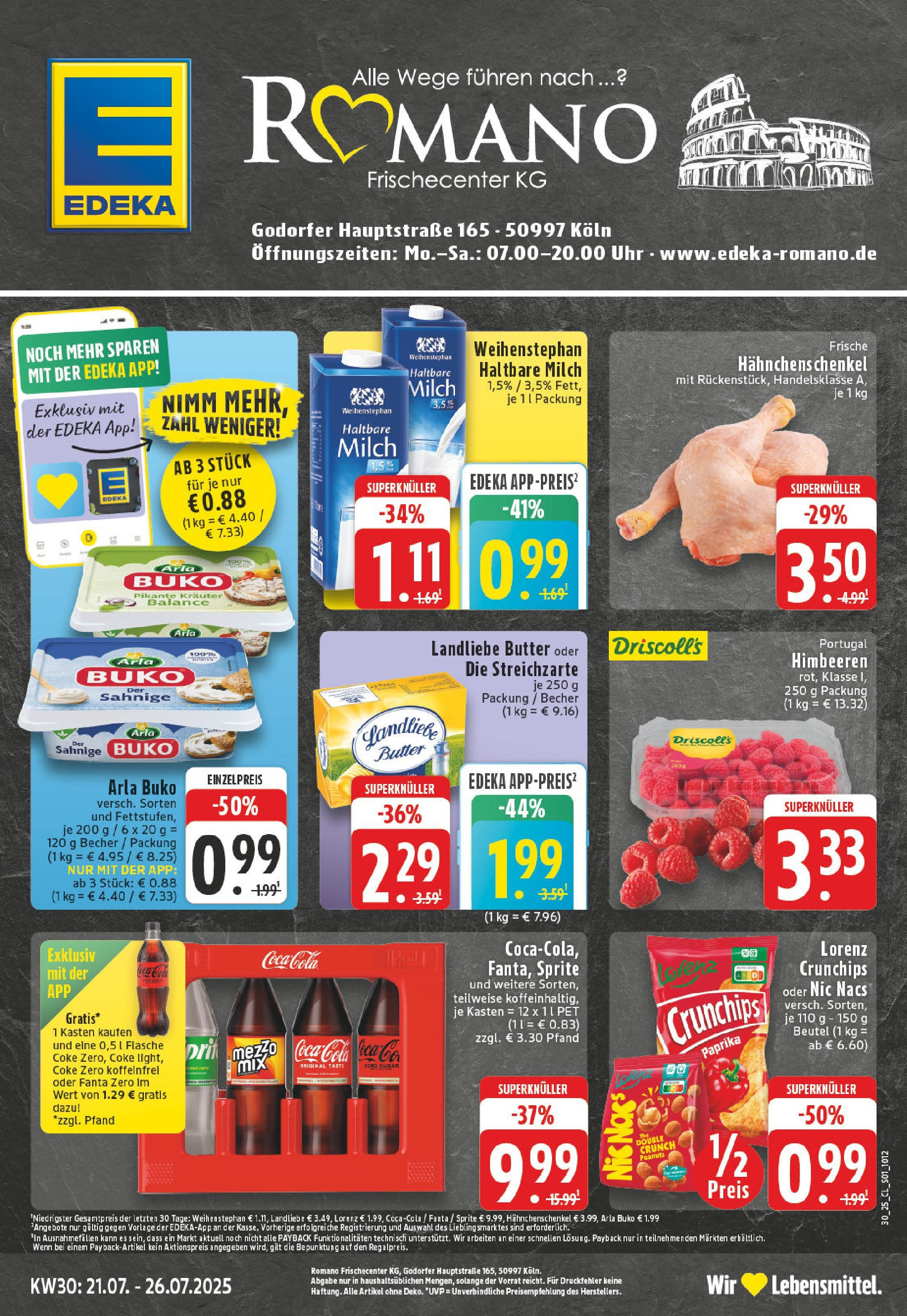 Edeka prospekt Köln-Godorf	 (ab 20.07.2025) » Angebote Online | Seite: 1 | Produkte: Cola, Hahnchenschenkel, Paprika, Arla buko