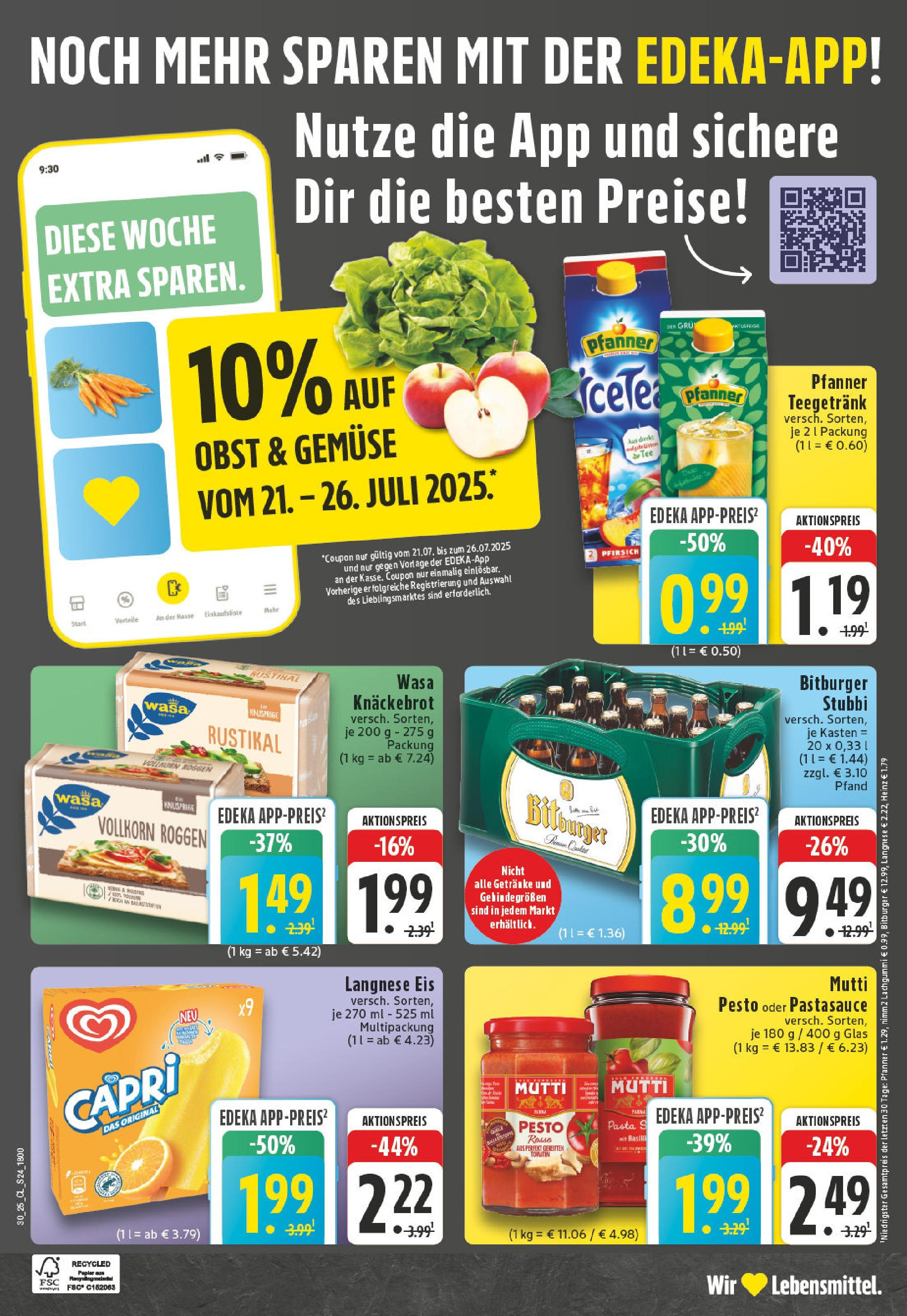 Edeka prospekt Borgholzhausen	 (ab 20.07.2025) » Angebote Online | Seite: 24 | Produkte: Bitburger, Gemüse, Wasa knackebrot, Pasta