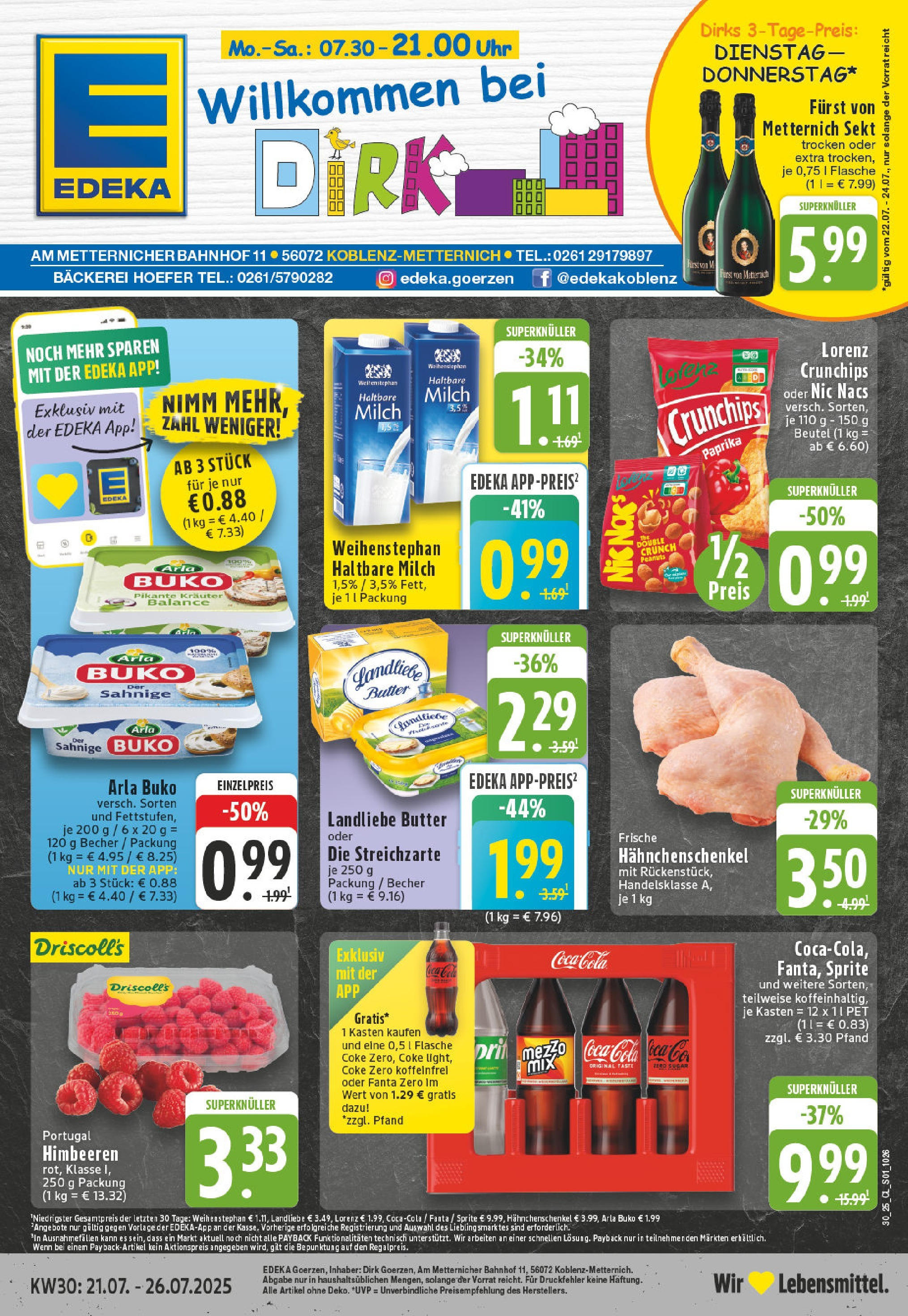 Edeka prospekt Koblenz	 (ab 20.07.2025) » Angebote Online | Seite: 1 | Produkte: Furst von metternich, Hahnchenschenkel, Haltbare milch, Lorenz crunchips