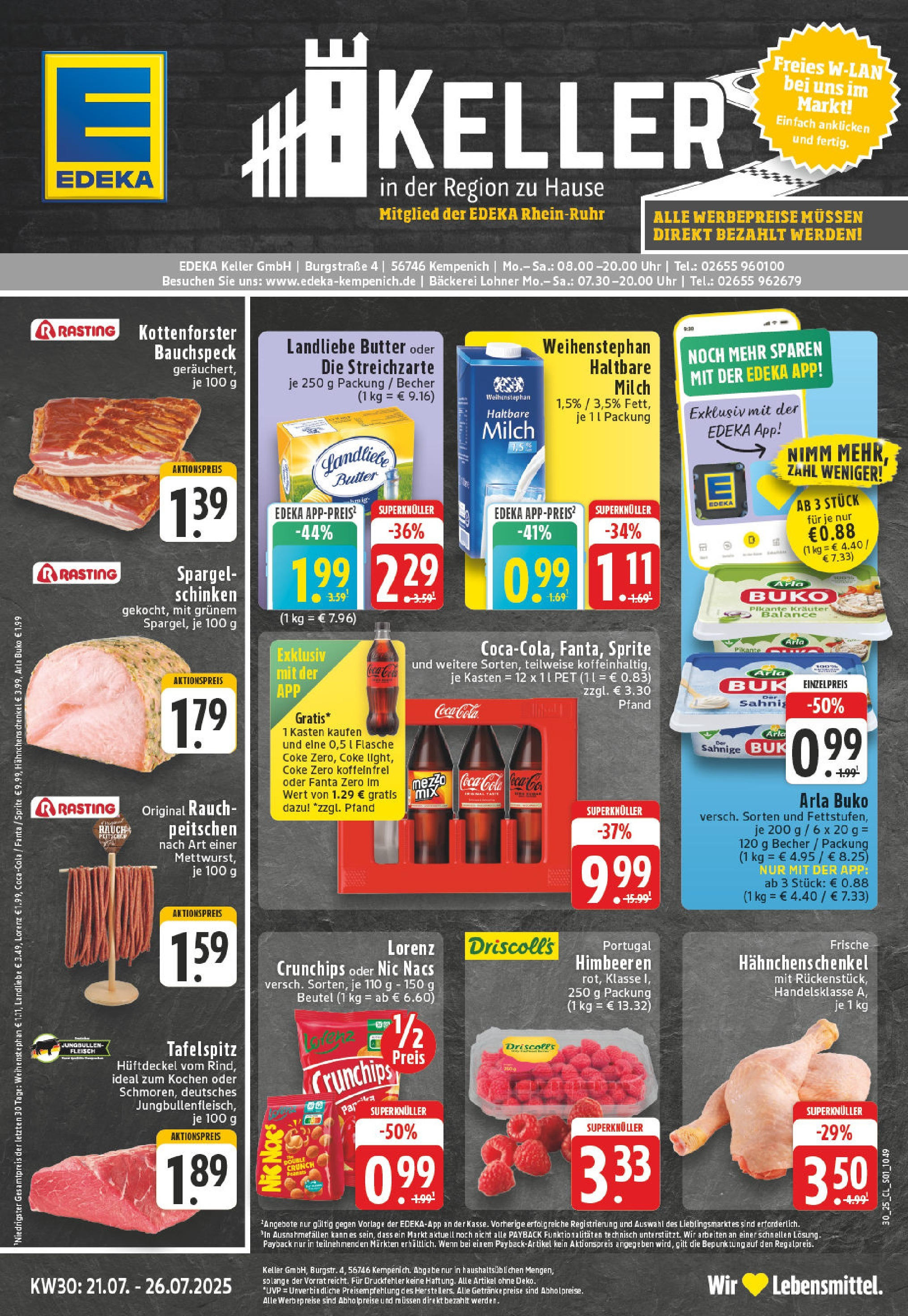 Edeka prospekt Kempenich	 (ab 20.07.2025) » Angebote Online | Seite: 1 | Produkte: Bäckerei, Coca cola, Hahnchenschenkel, Arla buko