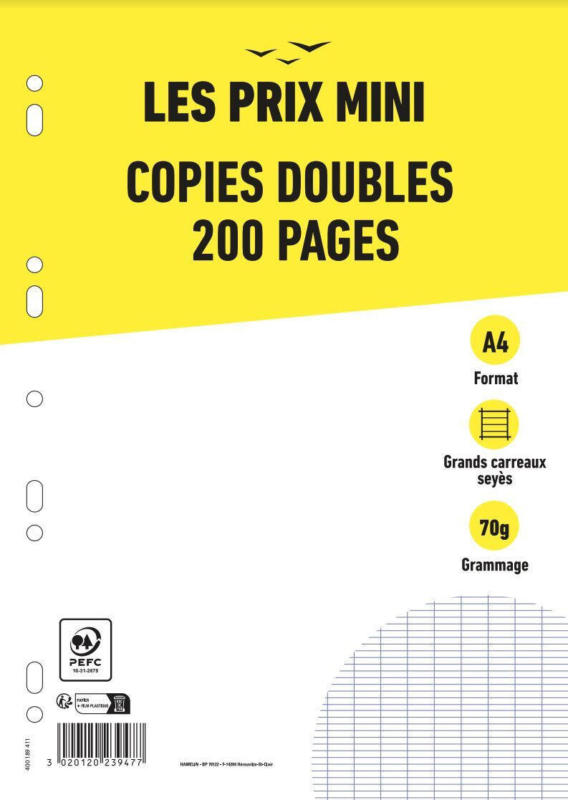 Copies doubles - 200 pages - A4 - grands carreaux (Seyes) - perforées