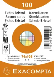 Pack de 100 fiches Bristol quadrillé 5x5 - A7 (74x105) - petits carreaux - assorties sous film