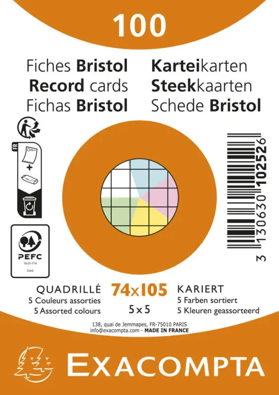 Pack de 100 fiches Bristol quadrillé 5x5 - A7 (74x105) - petits carreaux - assorties sous film