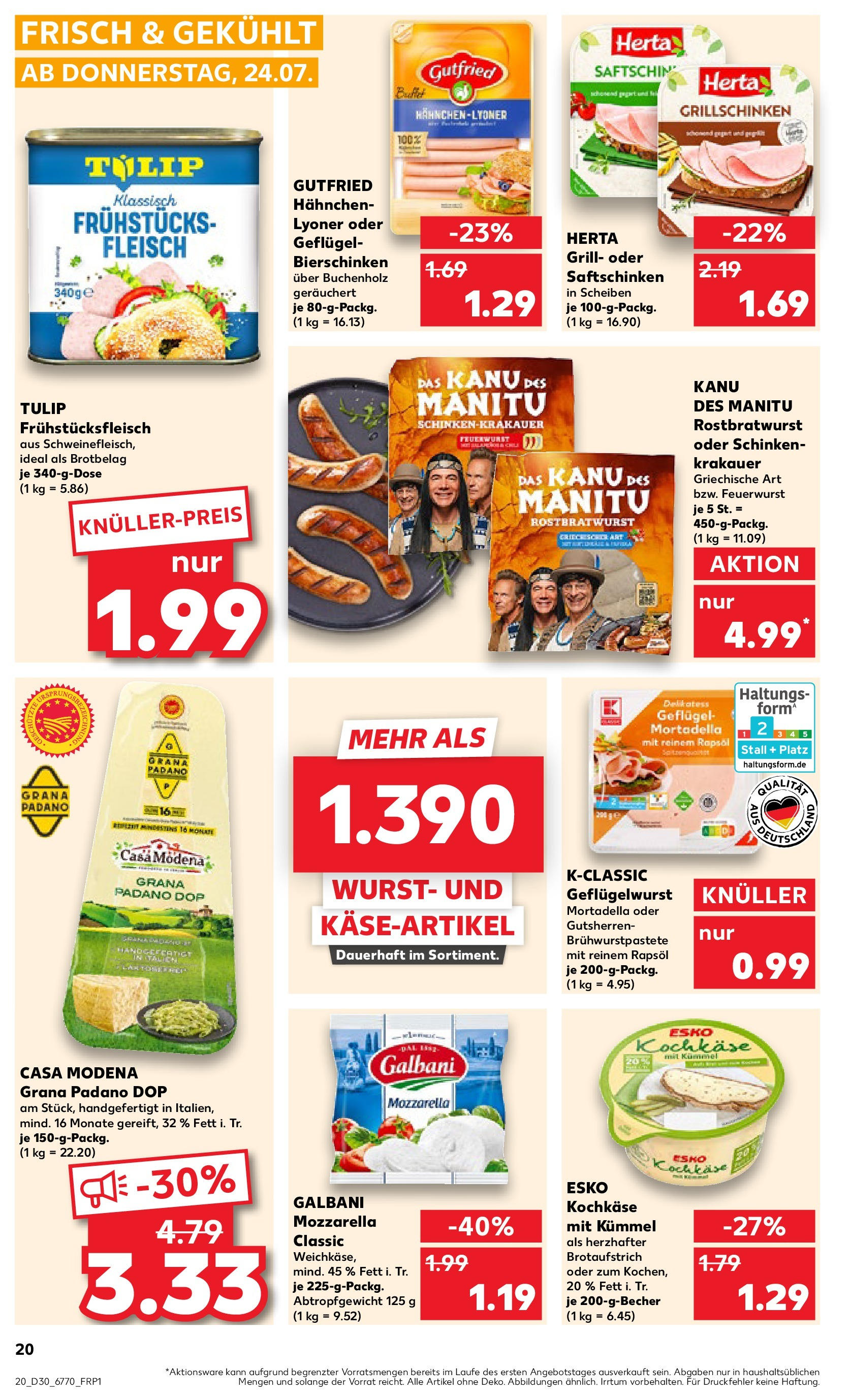 Prospekt Kaufland ab 24.07.2025 » Angebote Online zum Blättern | Seite: 20 | Produkte: Rapsöl, Mozzarella, Schinken, Fleisch