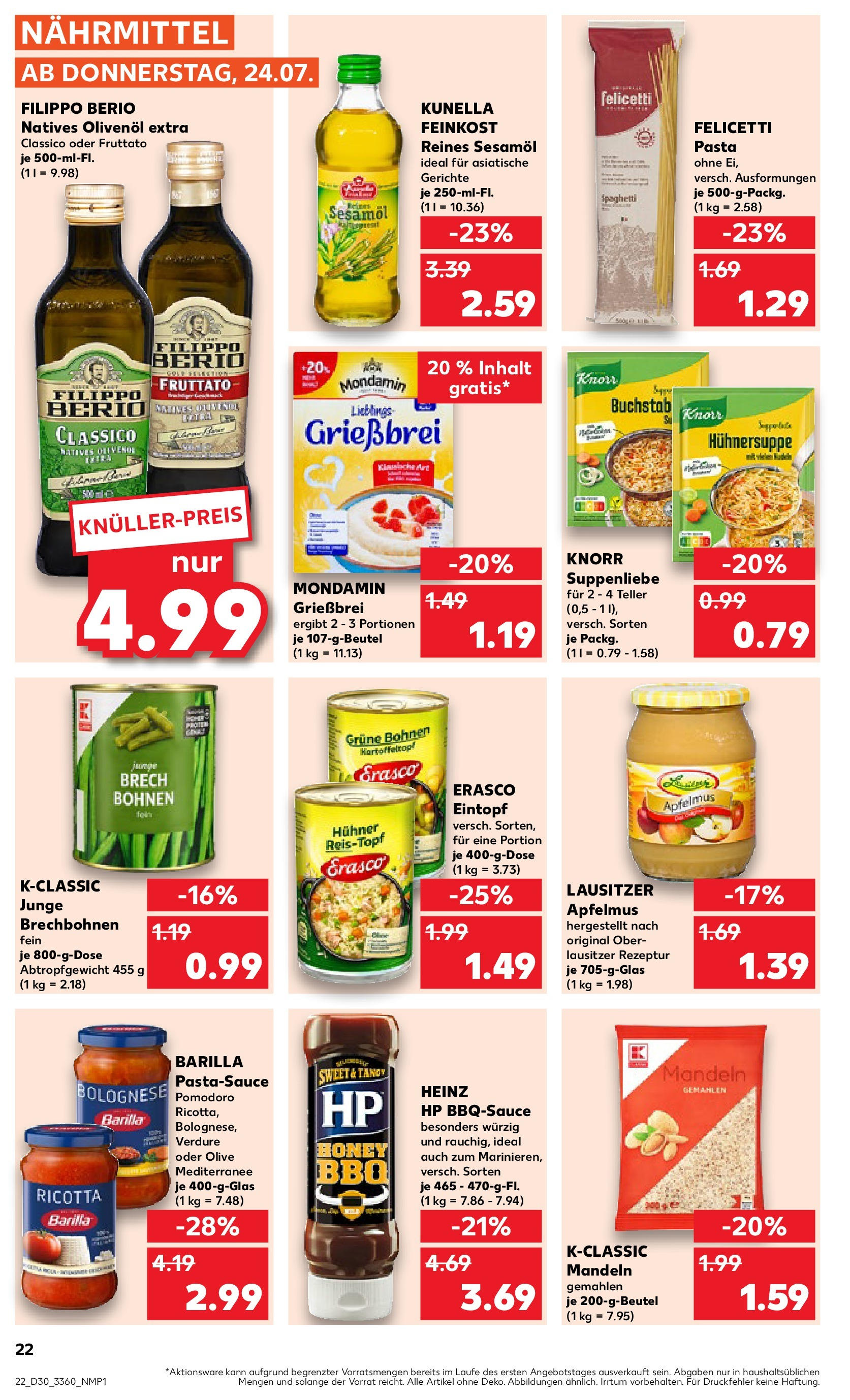 Prospekt Kaufland ab 24.07.2025 » Angebote Online zum Blättern | Seite: 22 | Produkte: Mandeln, Apple, Pasta, Erasco