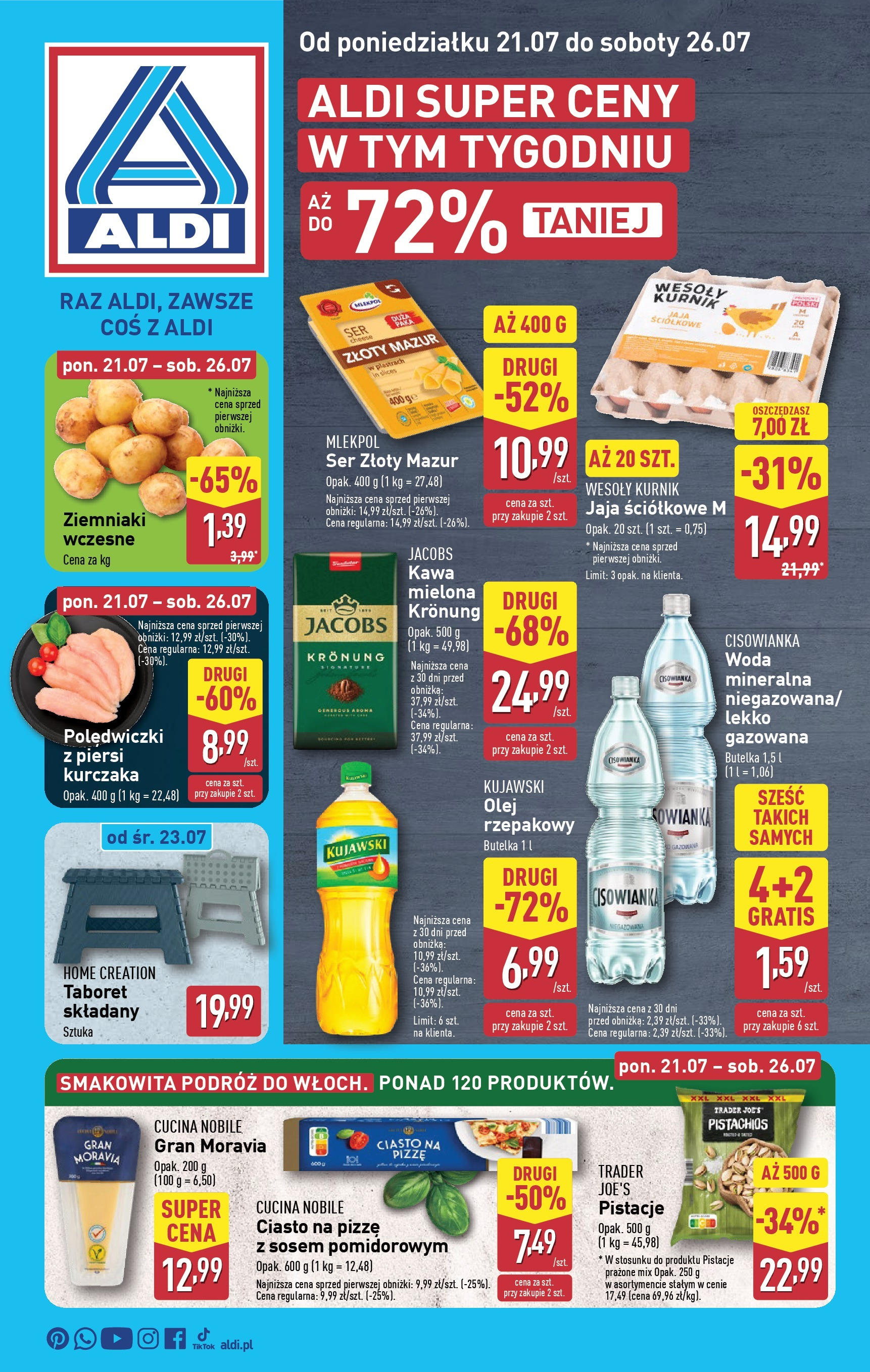 Aldi Gazetka od 21.07.2025 - Ulotka PDF, promocje | Strona: 1 | Produkty: Ciasto na pizze, Ser, Ziemniaki, Woda