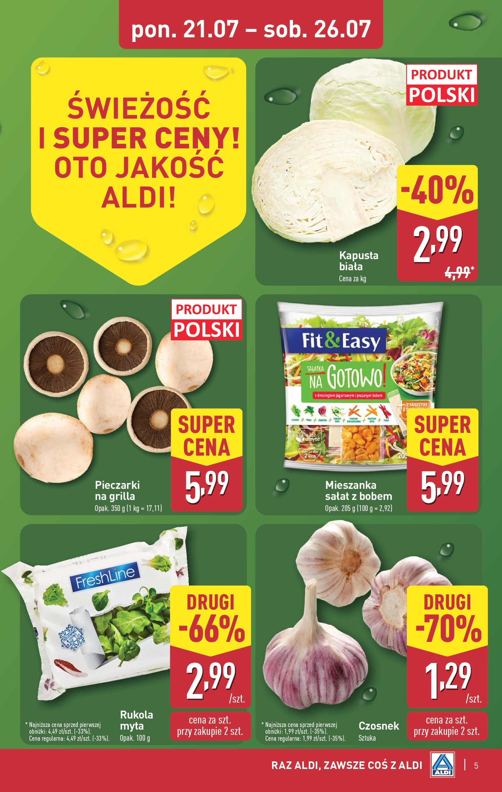 Aldi Gazetka od 21.07.2025 - Ulotka PDF, promocje | Strona: 5 | Produkty: Czosnek, Pieczarki, Rukola, Kapusta biała