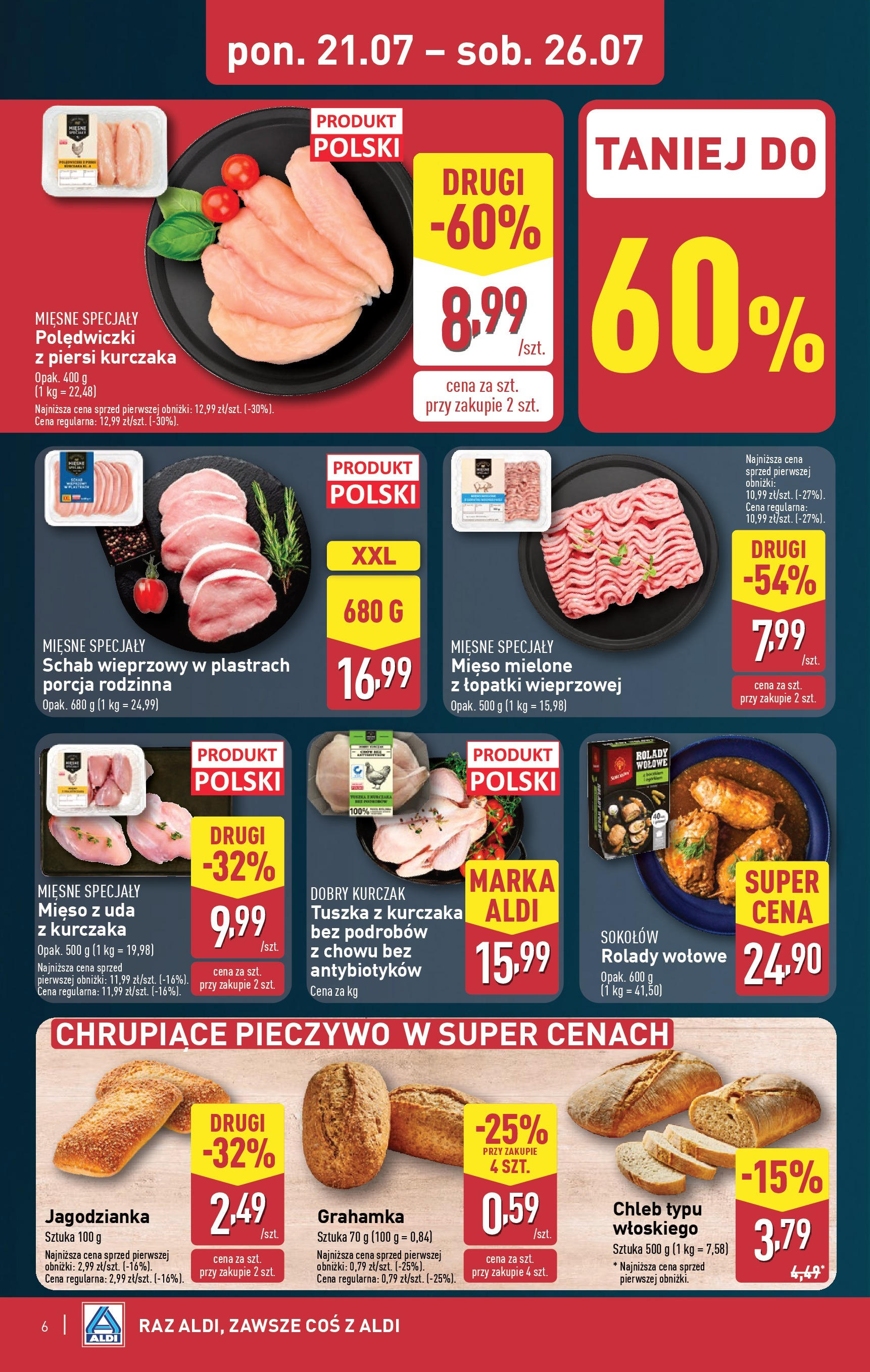 Aldi Gazetka od 21.07.2025 - Ulotka PDF, promocje | Strona: 6 | Produkty: Schab, Schab wieprzowy, Mięso mielone, Chleb