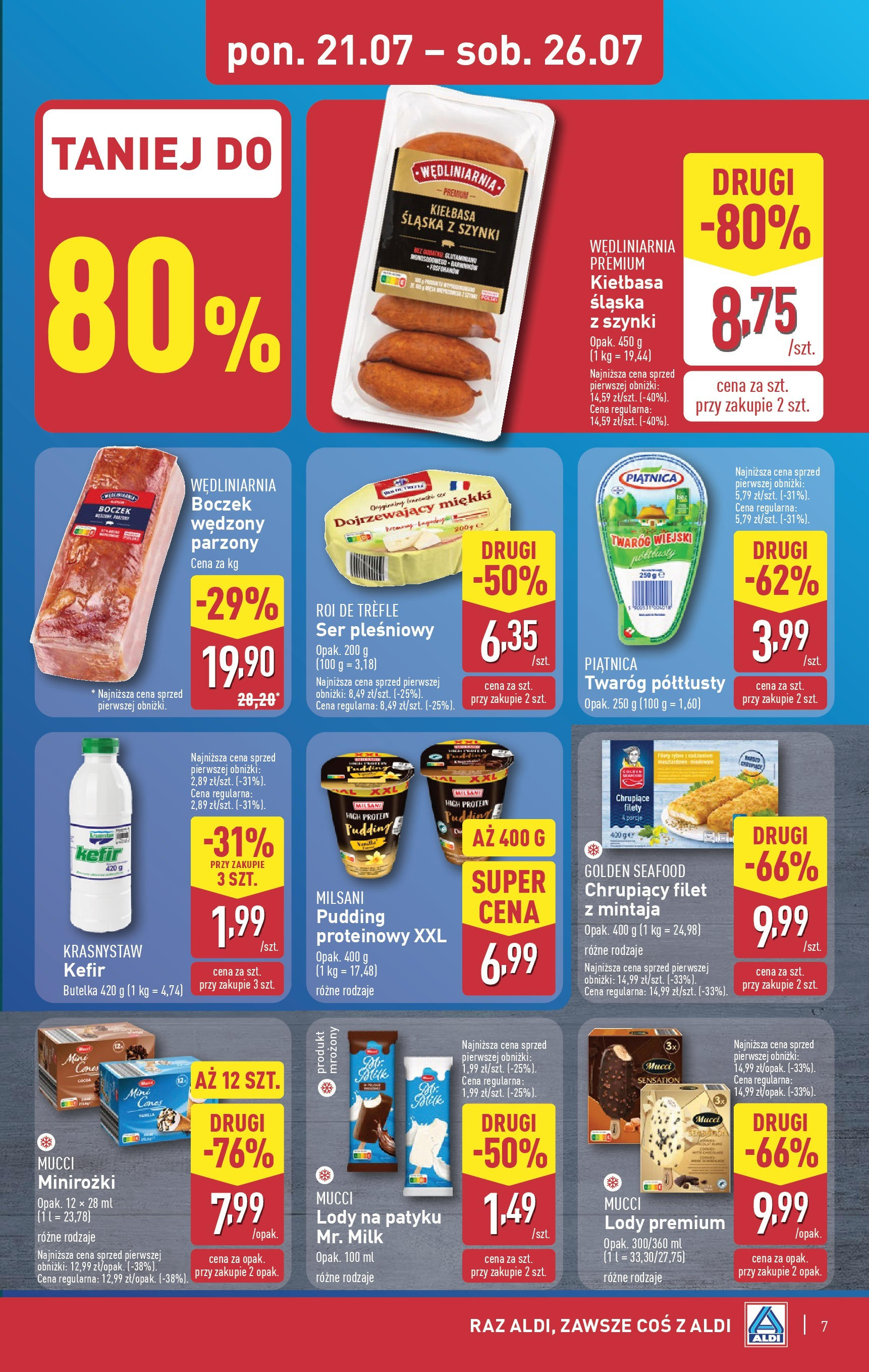 Aldi Gazetka od 21.07.2025 - Ulotka PDF, promocje | Strona: 7 | Produkty: Ser pleśniowy, Kiełbasa śląska, Lody na patyku, Twaróg
