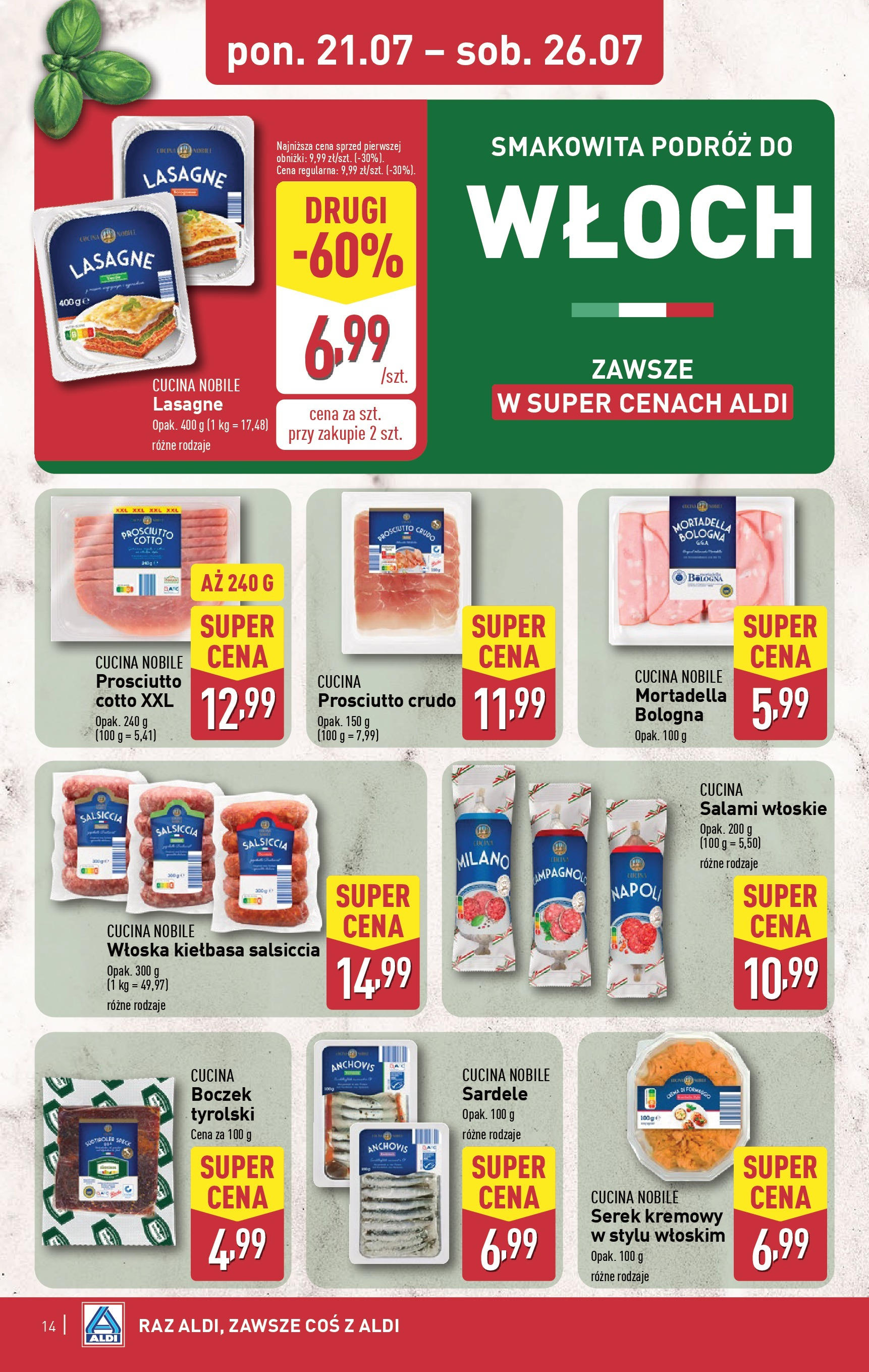 Aldi Gazetka od 21.07.2025 - Ulotka PDF, promocje | Strona: 14 | Produkty: Kiełbasa, Lasagne, Boczek, Prosciutto