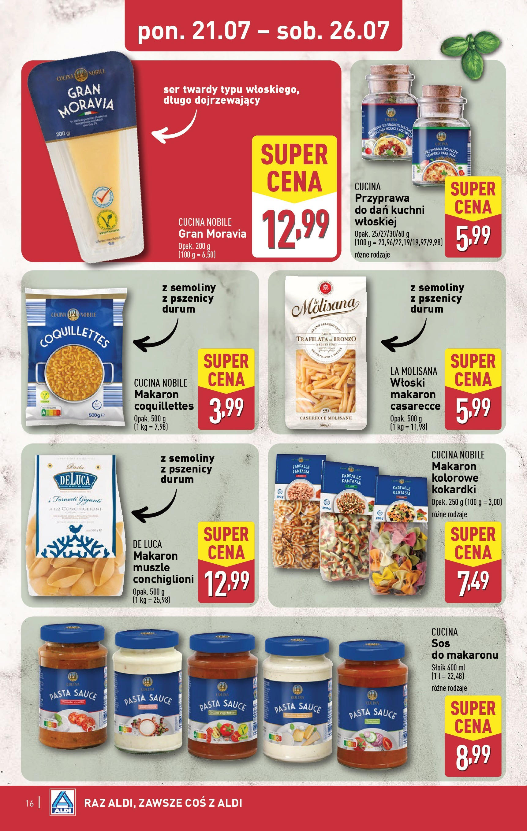 Aldi Gazetka od 21.07.2025 - Ulotka PDF, promocje | Strona: 16 | Produkty: Ser, Makaron