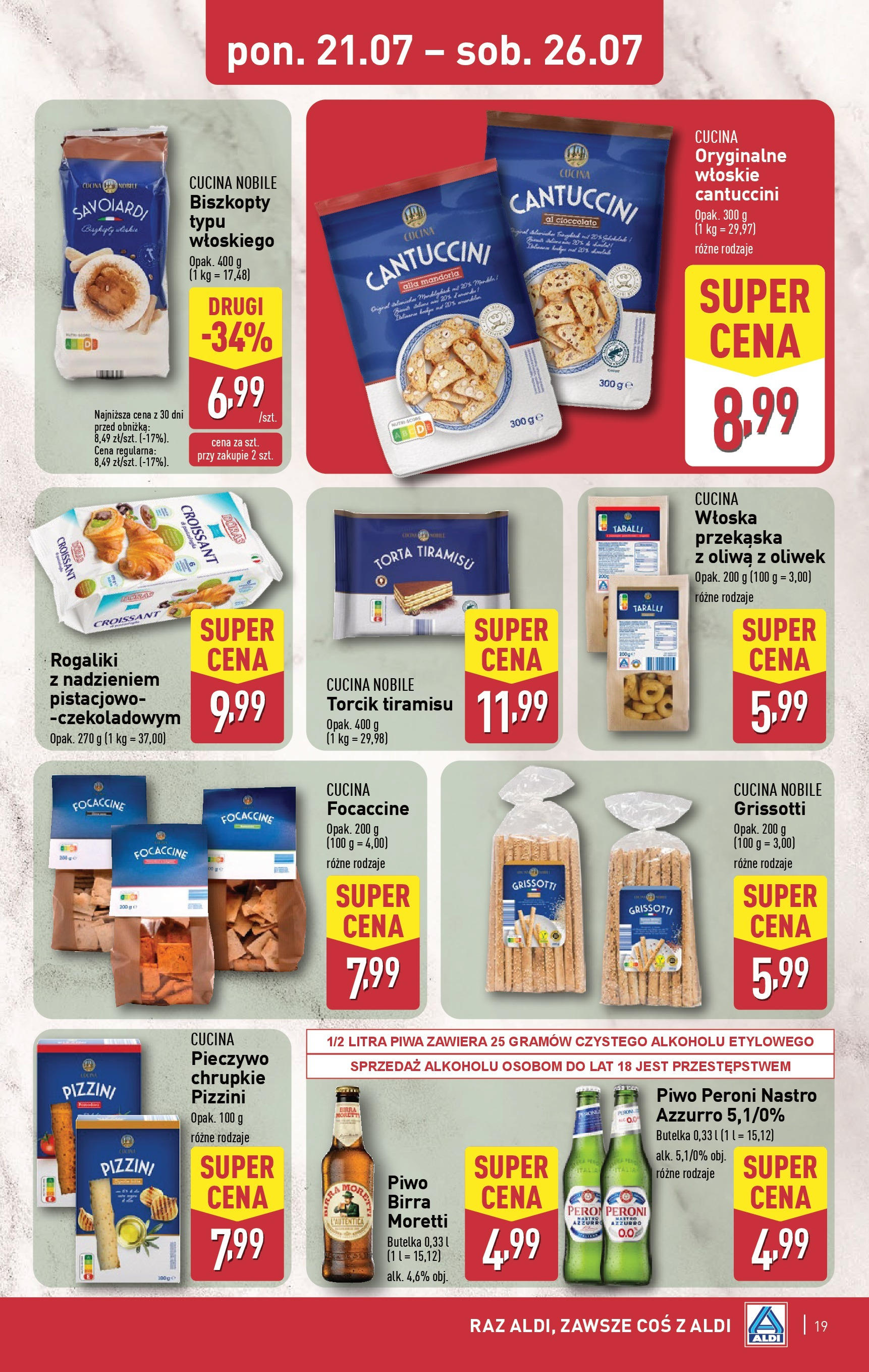 Aldi Gazetka od 21.07.2025 - Ulotka PDF, promocje | Strona: 19 | Produkty: Pieczywo, Oliwa z oliwek, Tiramisu, Piwo