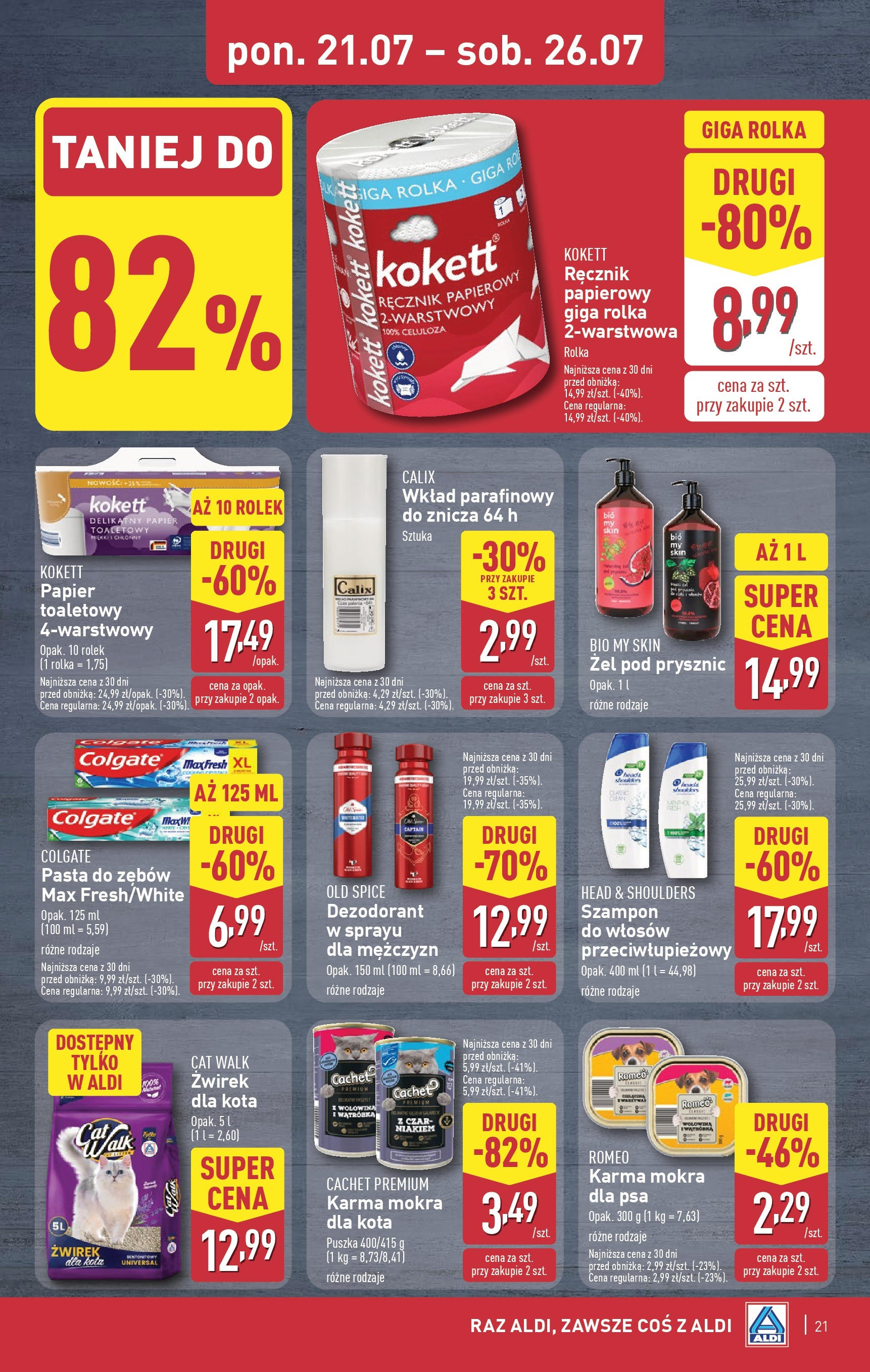 Aldi Gazetka od 21.07.2025 - Ulotka PDF, promocje | Strona: 21 | Produkty: Żwirek dla kota, Pasta do zębów, Ręcznik papierowy, Old spice
