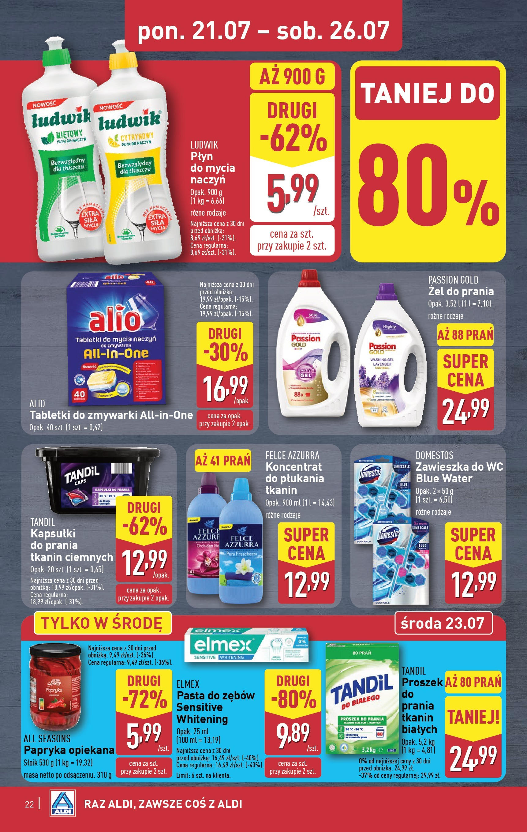 Aldi Gazetka od 21.07.2025 - Ulotka PDF, promocje | Strona: 22 | Produkty: Papryka, Pasta do zębów, Proszek do prania, Tabletki do zmywarki