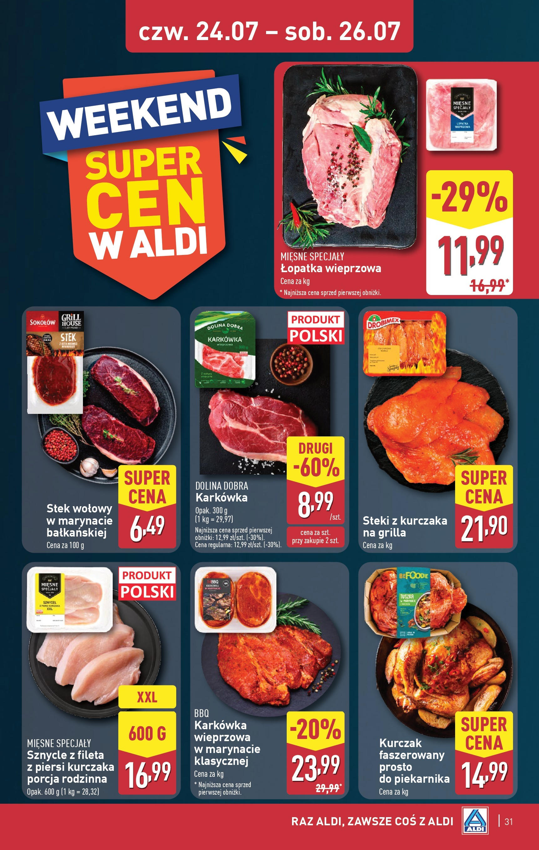 Aldi Gazetka od 21.07.2025 - Ulotka PDF, promocje | Strona: 31 | Produkty: Karkówka, Kurczak, Piersi, Steki