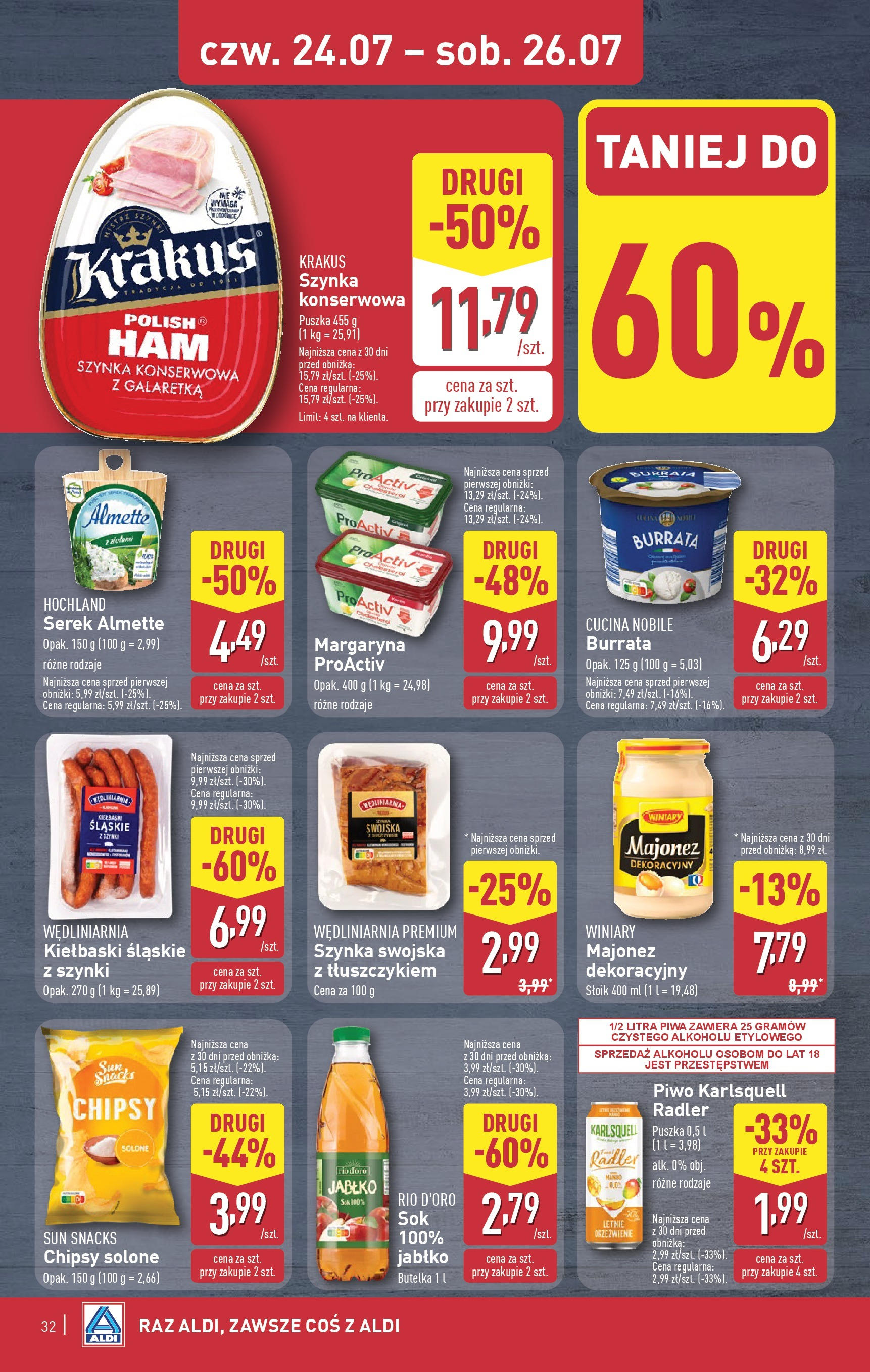Aldi Gazetka od 21.07.2025 - Ulotka PDF, promocje | Strona: 32 | Produkty: Chipsy, Galaretka, Szynka, Margaryna