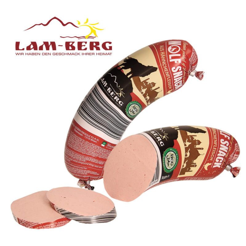 Halal Wolf Snack aus Hähnchenfleisch - Geflügelfleischwurst einfach mit Trinkwasser und Kartoffelstärke