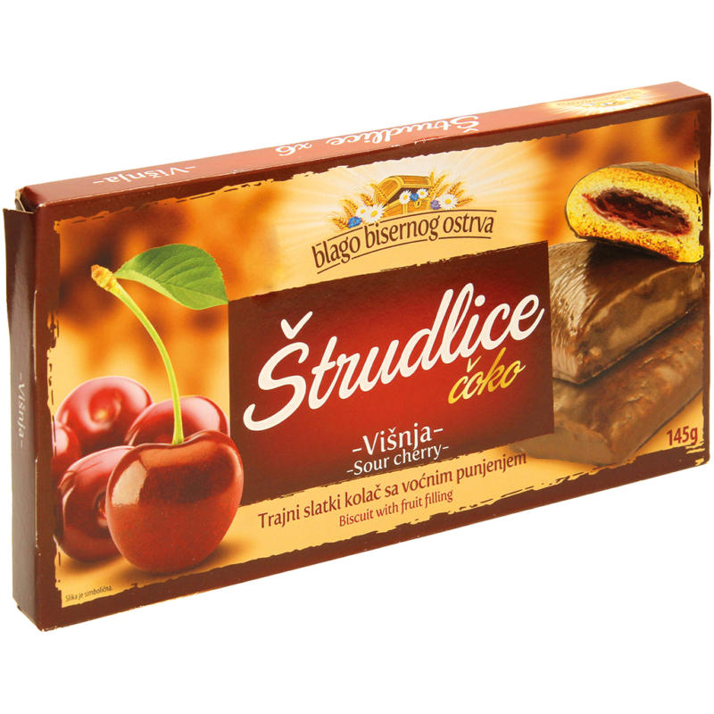 Serbisches Strudelgebäck mit einer Füllung mit Sauerkirschen in Schokoladenglasur