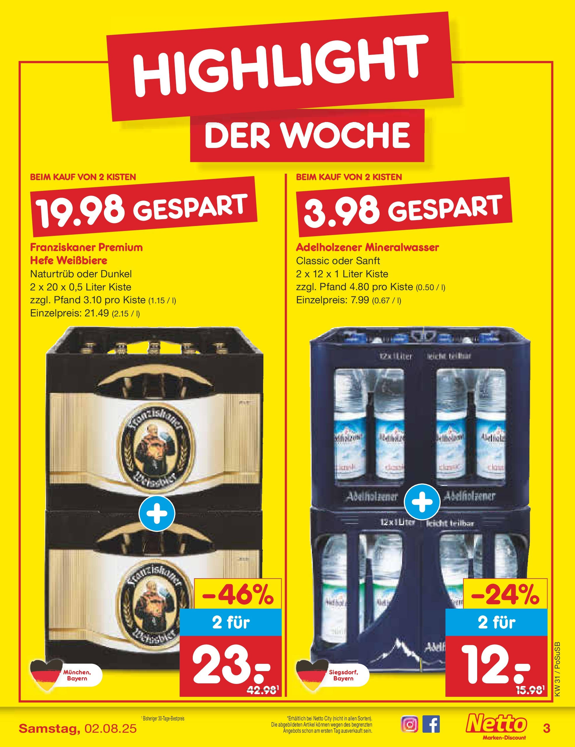 Netto Marken-Discount prospekt Regensburg (ab 28.07.2025) » Angebote | Seite: 3 | Produkte: Franziskaner, Adelholzener, Mineralwasser Netto Marken-Discount prospekt Regensburg (ab 28.07.2025) » Angebote | Seite: 3 | Produkte: Franziskaner, Adelholzener, Mineralwasser